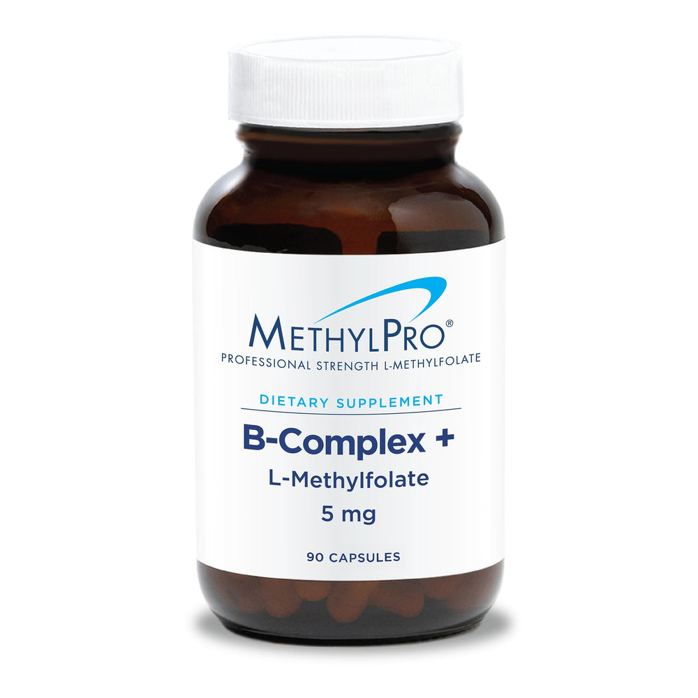 MethylPro B-Complex + L-Methylfolate bottle label showing 90 vegan capsules for energy.