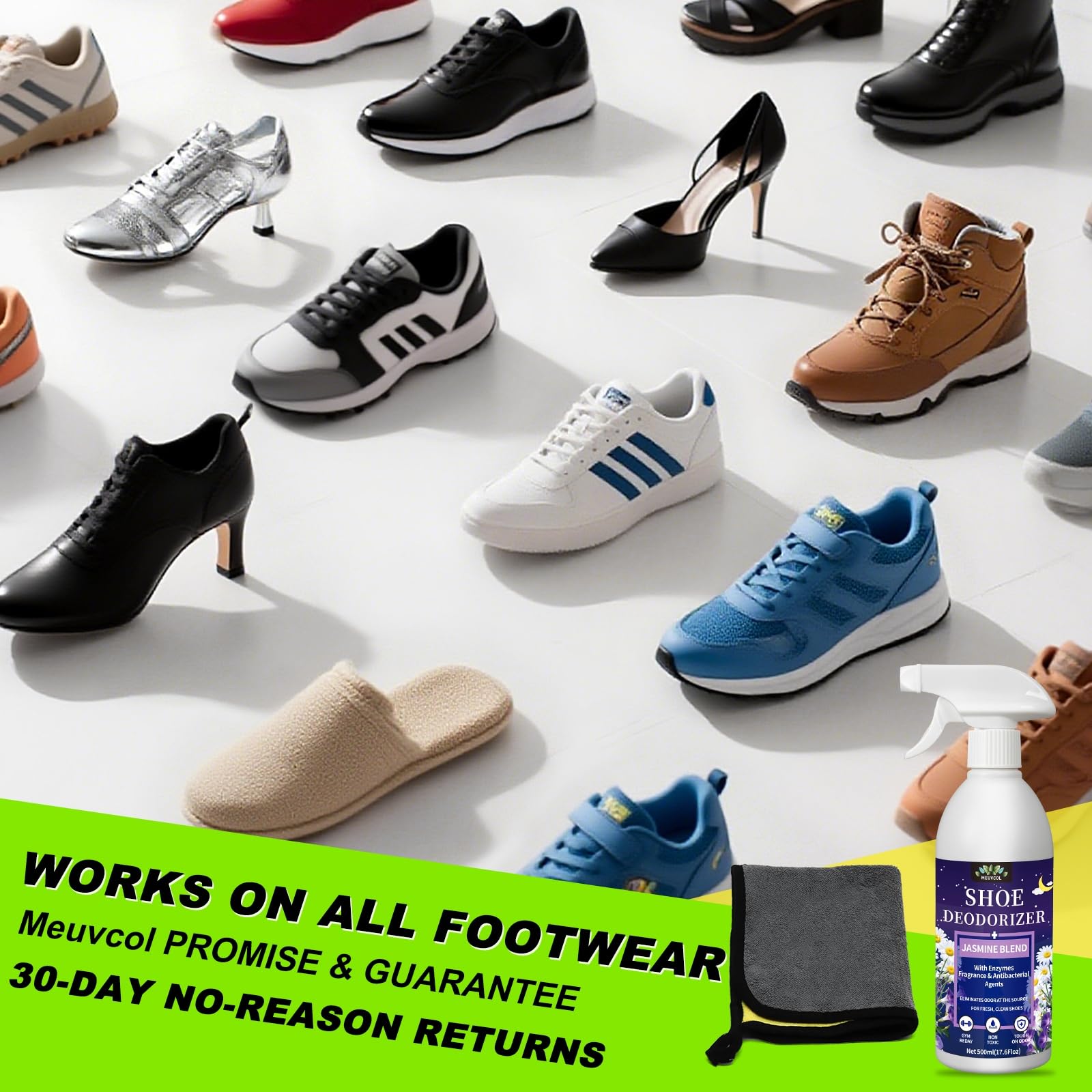 Meuvcol Towel included for easy, even application on sneakers and boots.