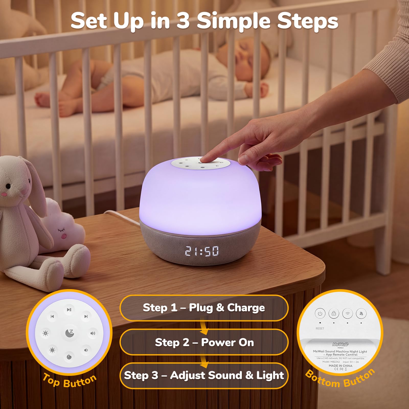 Mewaii sound machine fits nurseries, bedrooms, and small home offices.