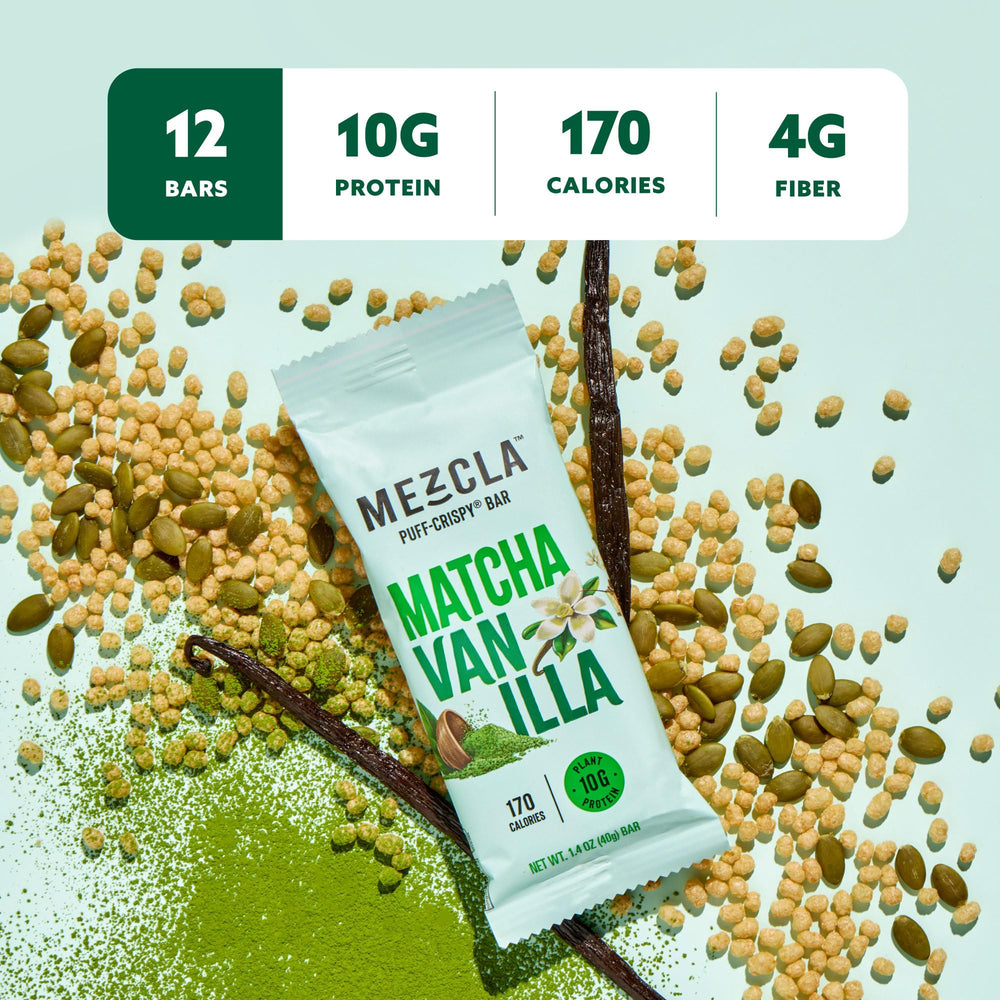 Mezcla pea crisp texture shows 10 g plant protein per bar.