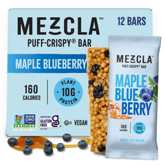 Mezcla Puff Crispy Bar packshot shows a 12-pack for on-the-go snacking