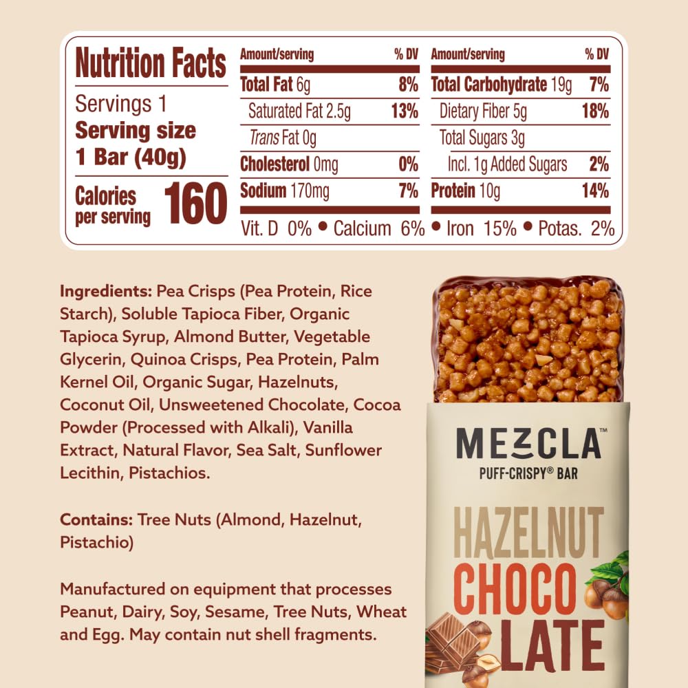 Mezcla Puff Crispy Bar 10g protein label highlights plant-based protein boost.
