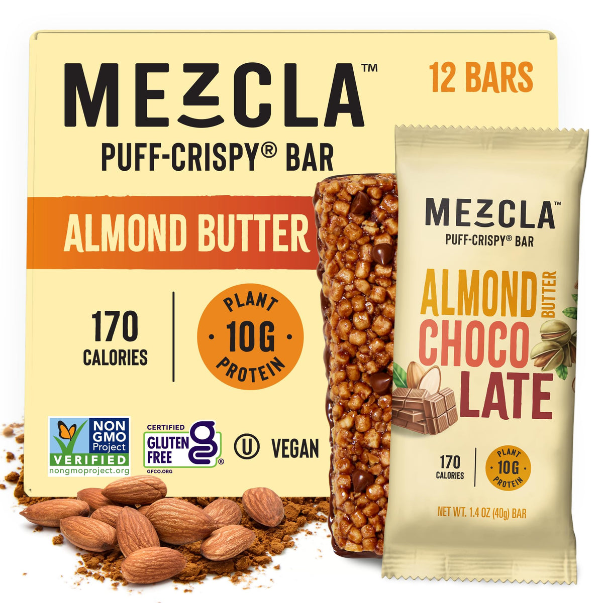 Mezcla puff crispy bar texture close-up; protein-packed bite for quick energy