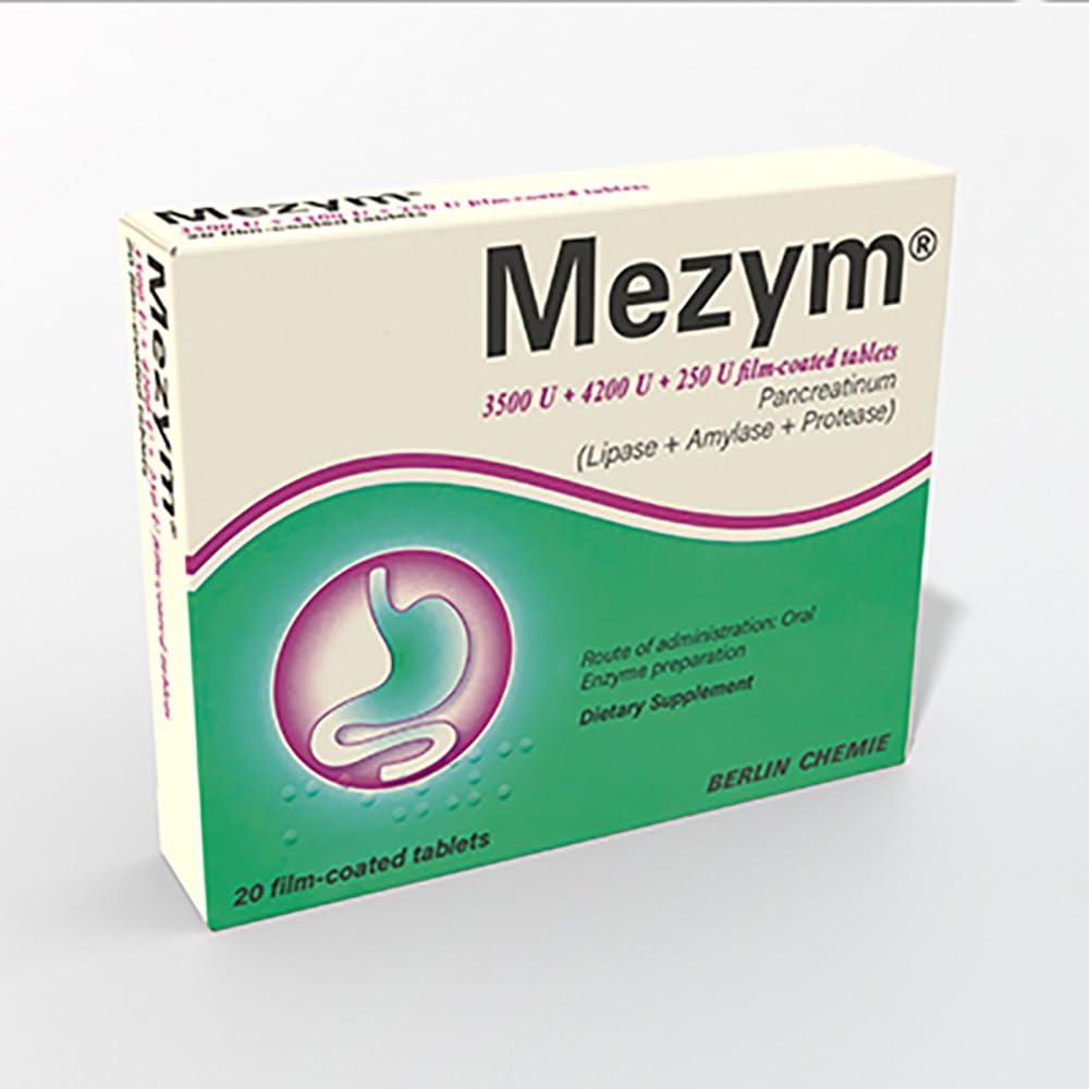 Mezym Forte 3500 bottle shown with label, supporting digestion after meals