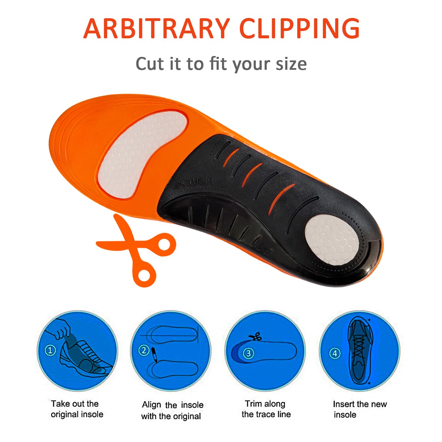 MFBUYING insoles demonstrate trim-to-fit sizing for a precise fit.