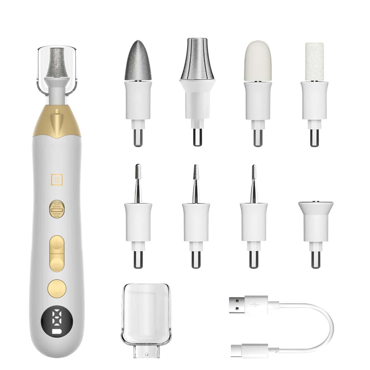 MFish Callus Remover showing 8 grinding heads for customizable foot care at home