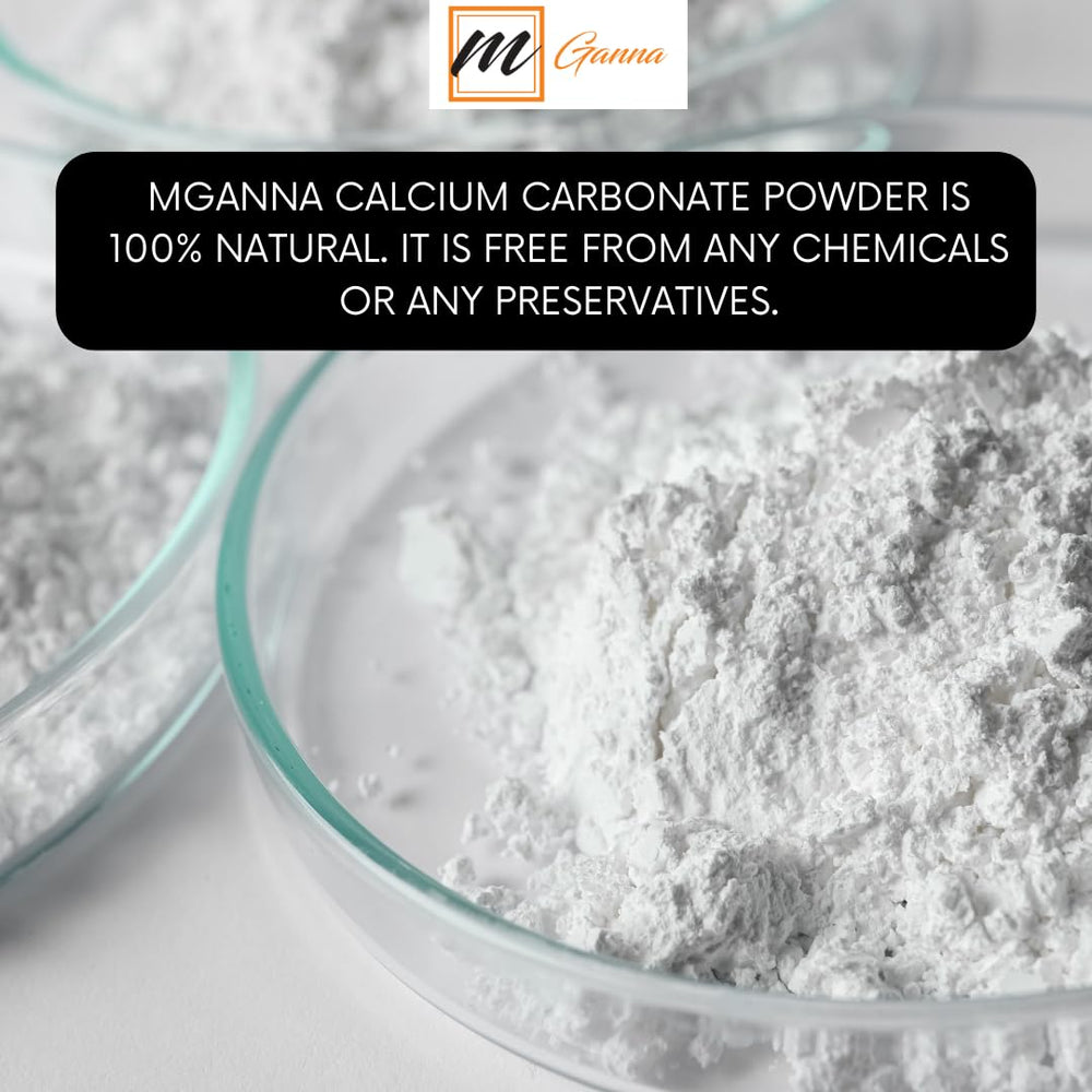 Front of mGanna Calcium Carbonate powder packaging showing brand and weight