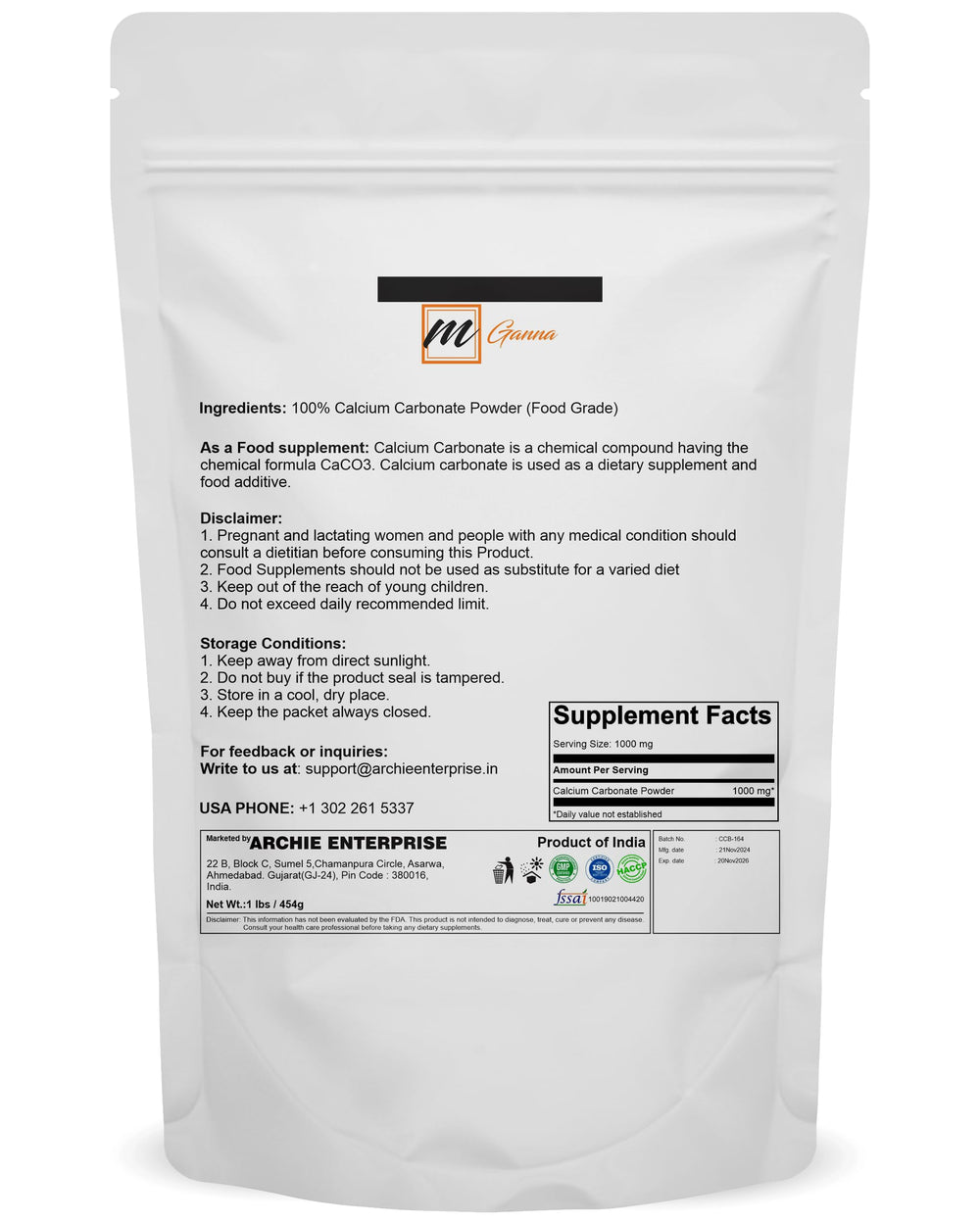 mGanna Calcium Carbonate powder in resealable pouch ensures freshness and easy storage
