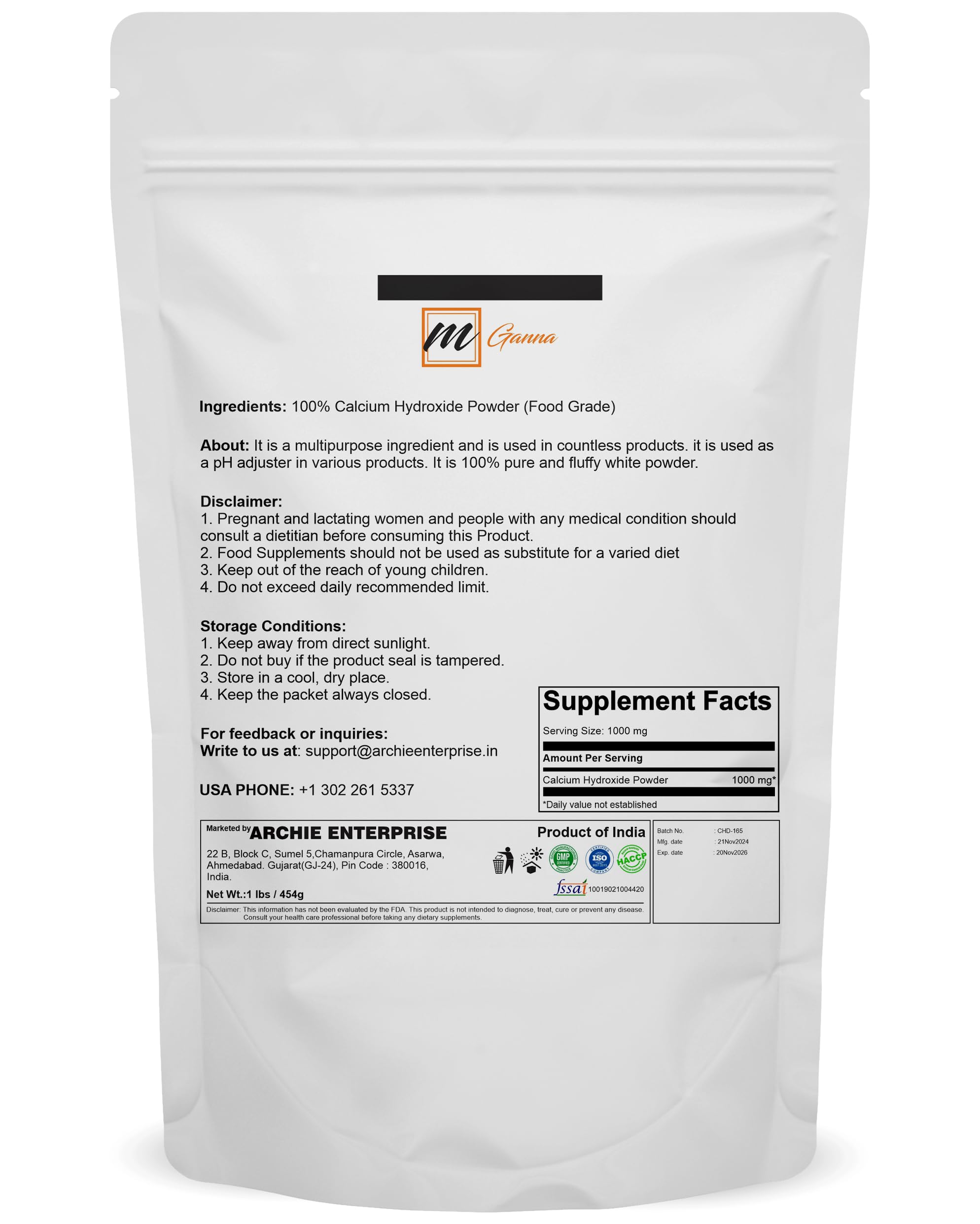 mganna calcium hydroxide powder in resealable pouch