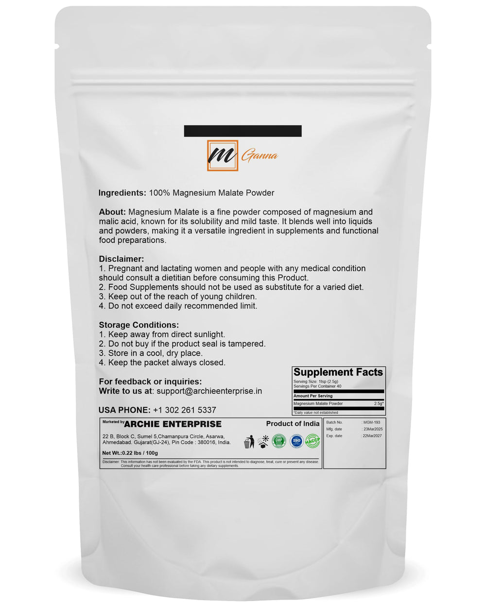 Mganna magnesium malate powder with a fine texture for smooth mixing.