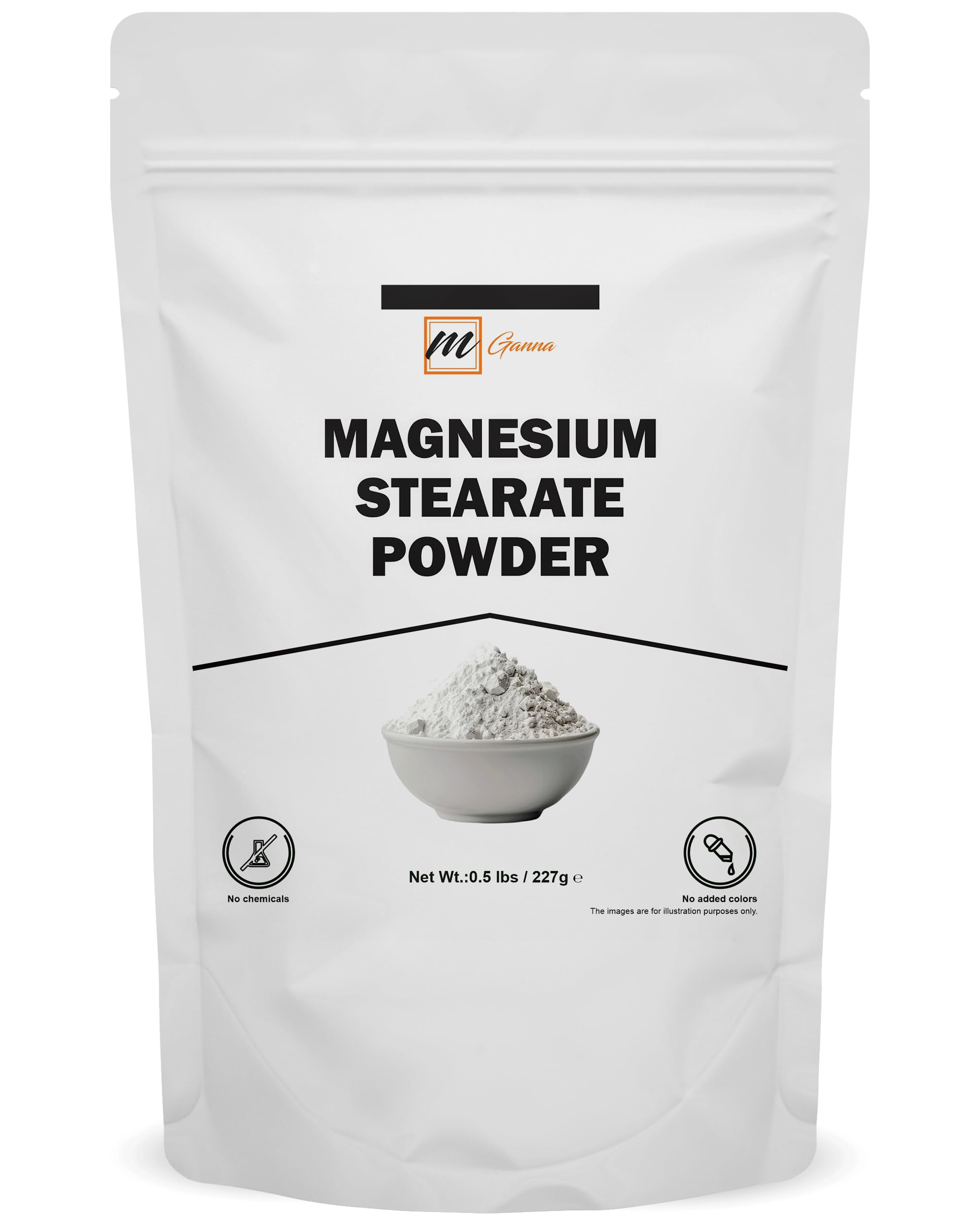 mGanna magnesium stearate powder in bag with label for food and cosmetics