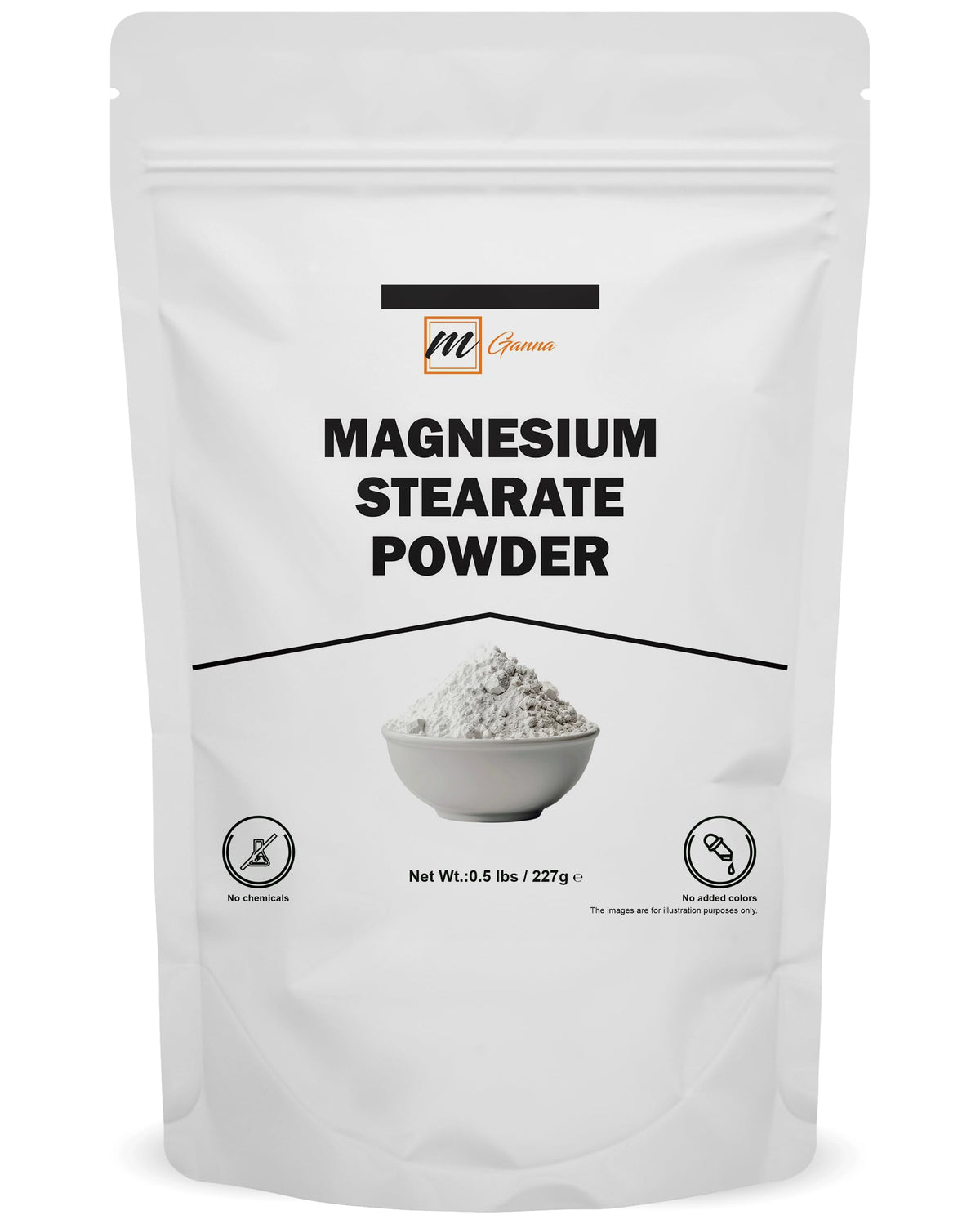 mGanna magnesium stearate powder in bag with label for food and cosmetics