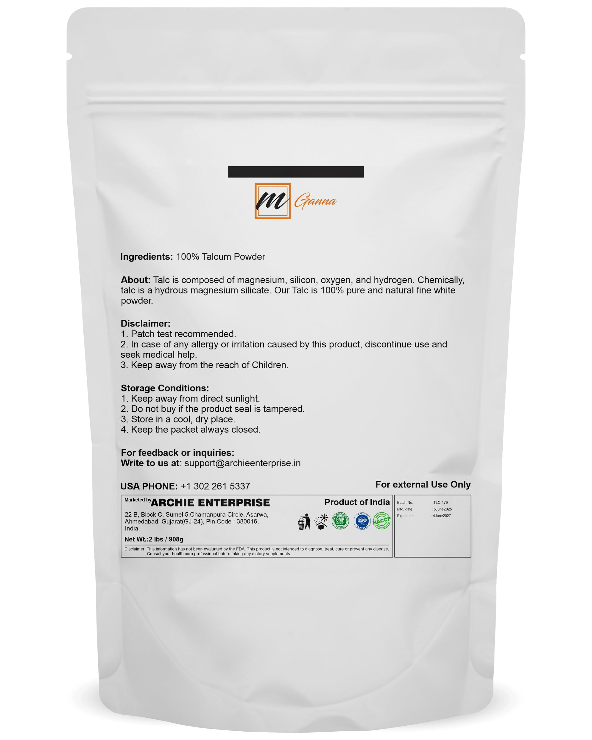mGanna talc powder used in cosmetic formulations for smooth textures