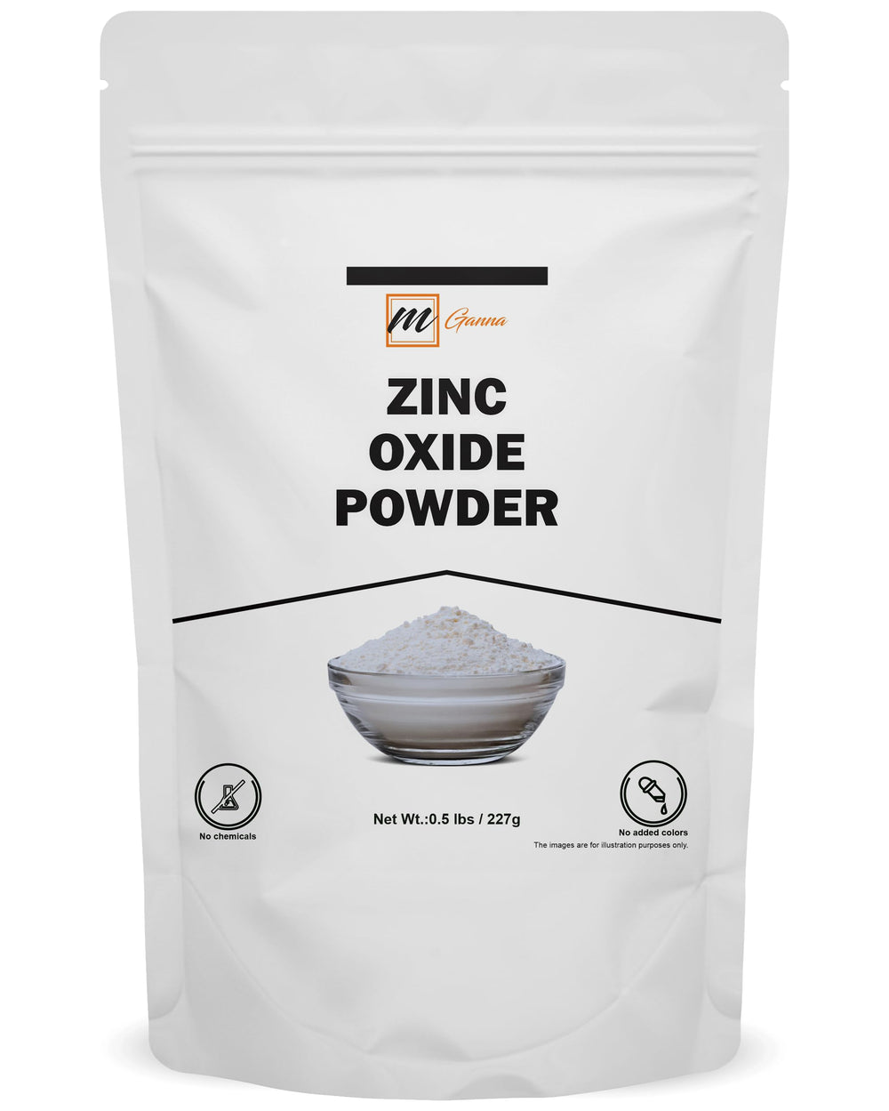 mganna zinc oxide powder packaging front view, highlighting pure pharmaceutical-grade product