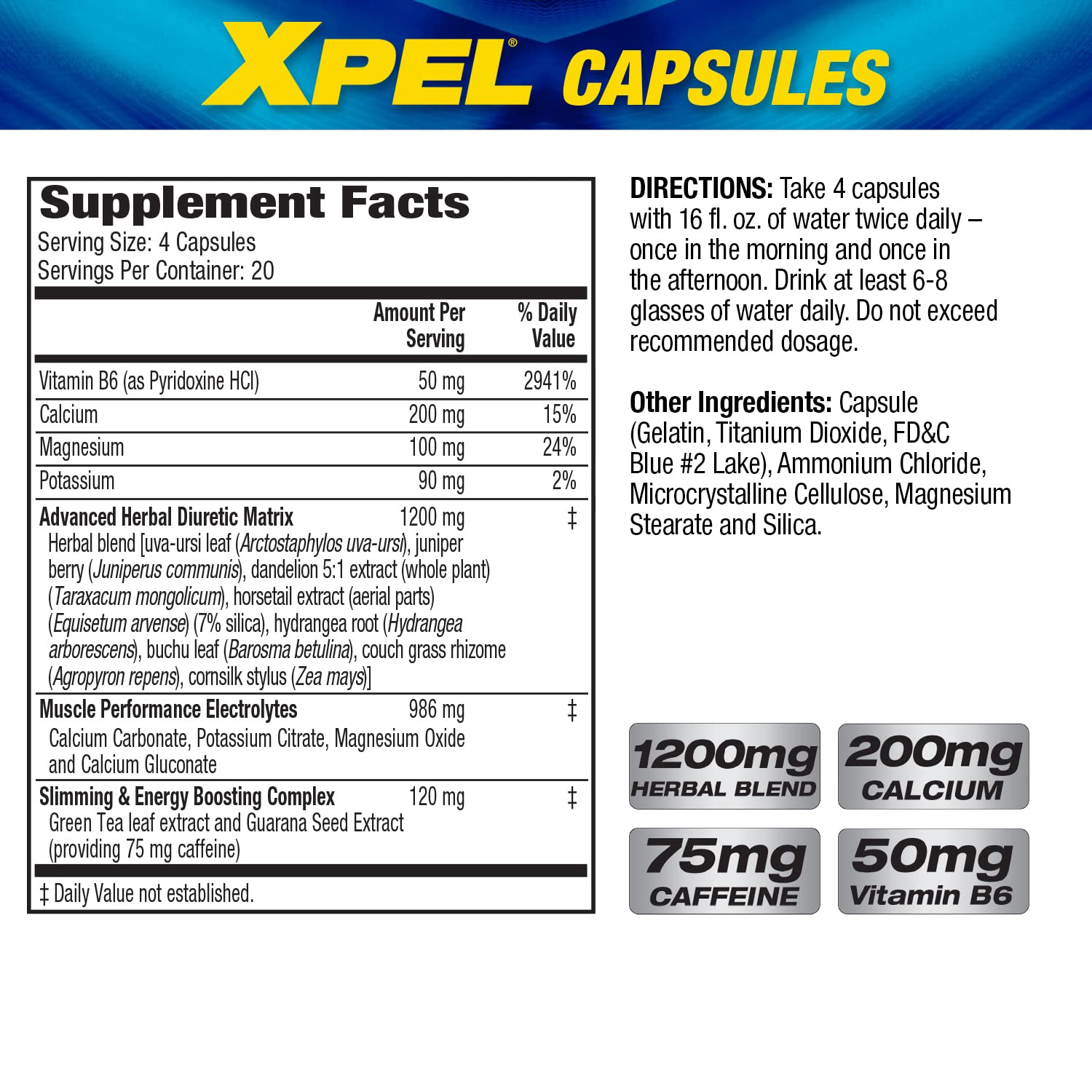 Close-up of MHP XPEL capsules showing the label for hydration goals.