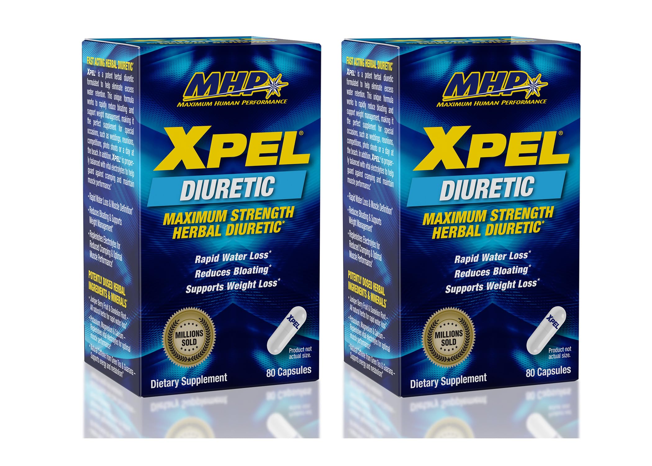 MHP XPEL bottle with maximum strength diuretic capsules for workout hydration support.