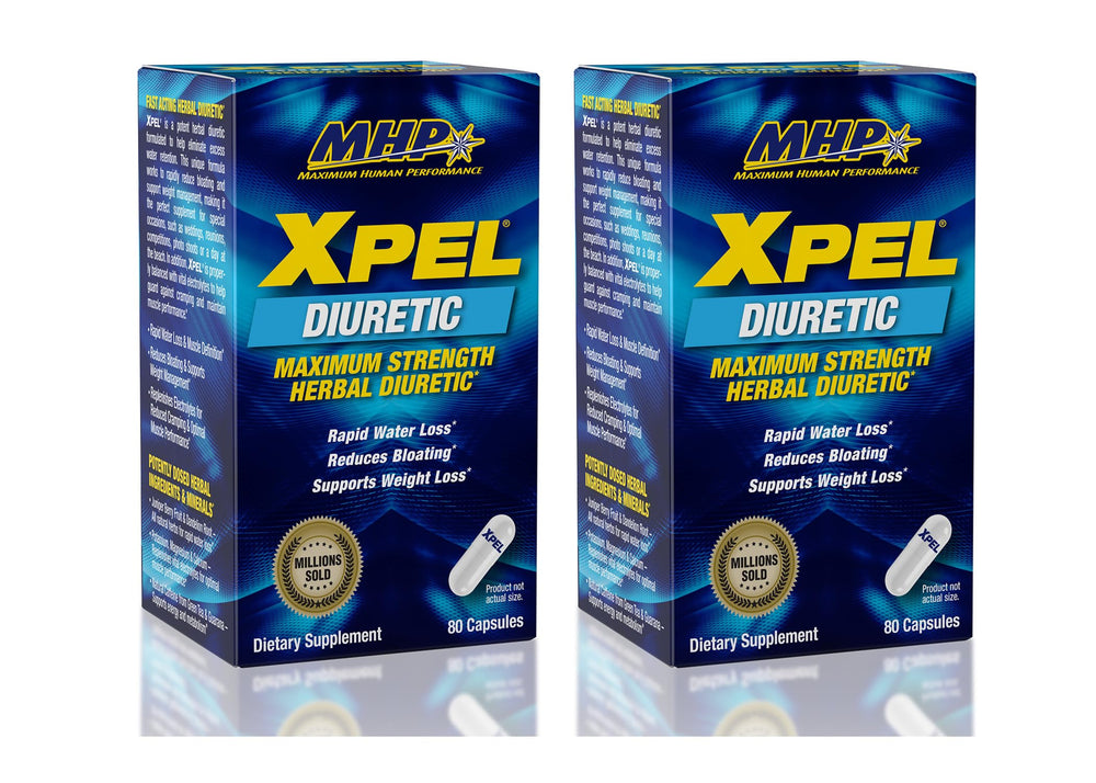 MHP XPEL bottle with maximum strength diuretic capsules for workout hydration support.