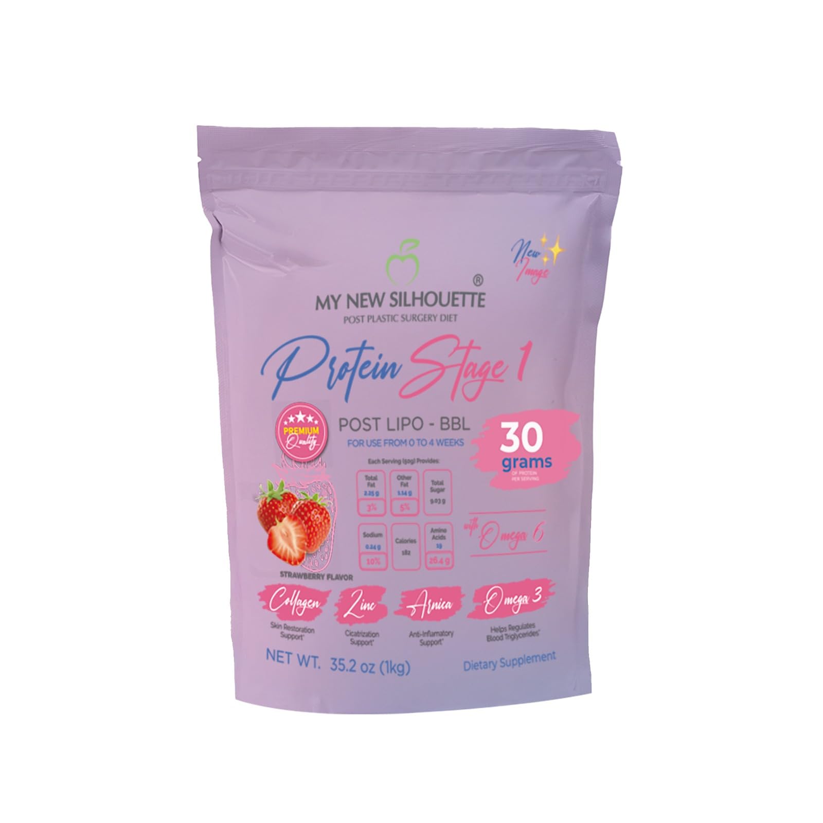 MI NUEVA SILUETA Lipotransfer Stage 1 bottle strawberry supports post-op fat maintenance.