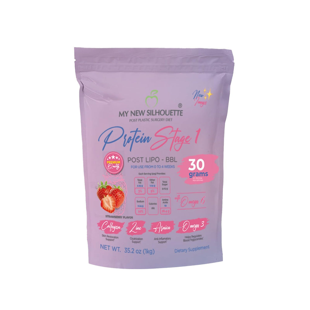 MI NUEVA SILUETA Lipotransfer Stage 1 bottle strawberry supports post-op fat maintenance.