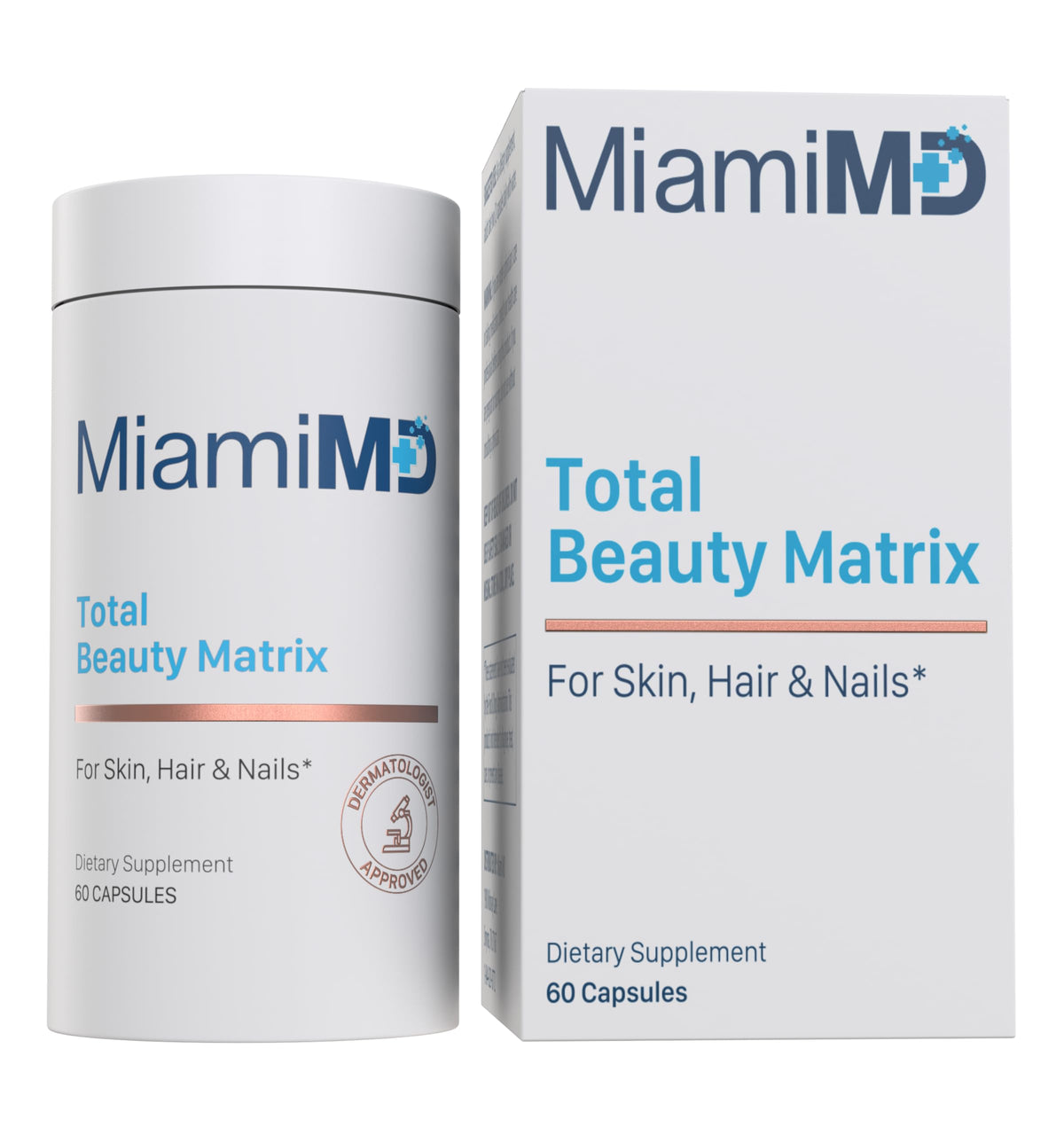 MiamiMD Total Beauty Matrix bottle front with capsules for youthful appearance.
