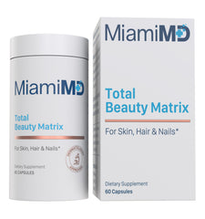 MiamiMD Total Beauty Matrix bottle front with capsules for youthful appearance.