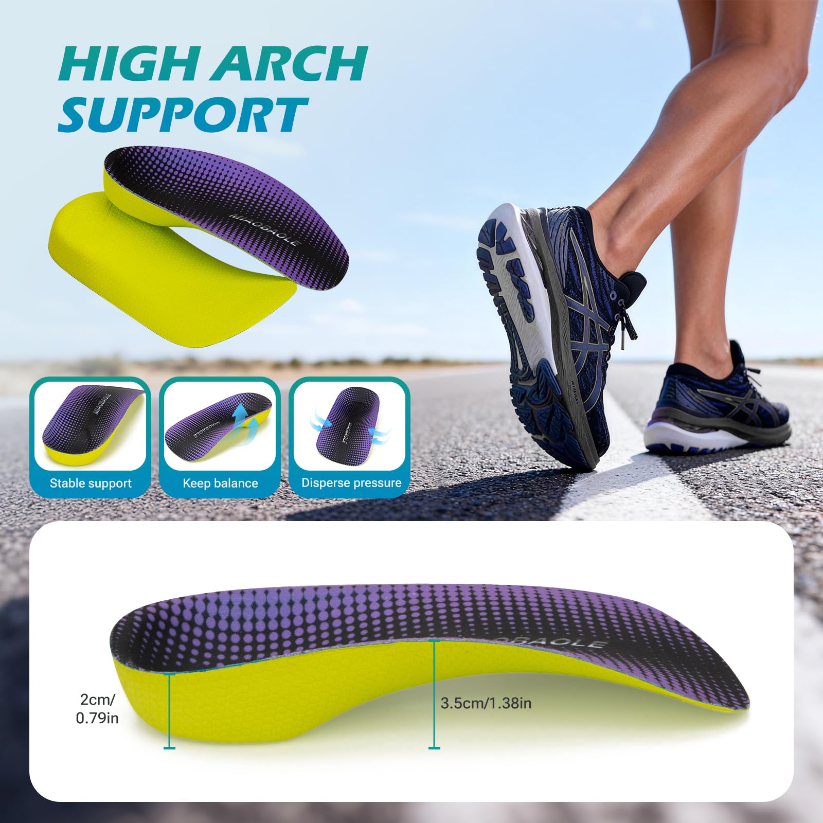 MIAOBAOLE arch-support inserts compatible with running, casual, and work footwear.