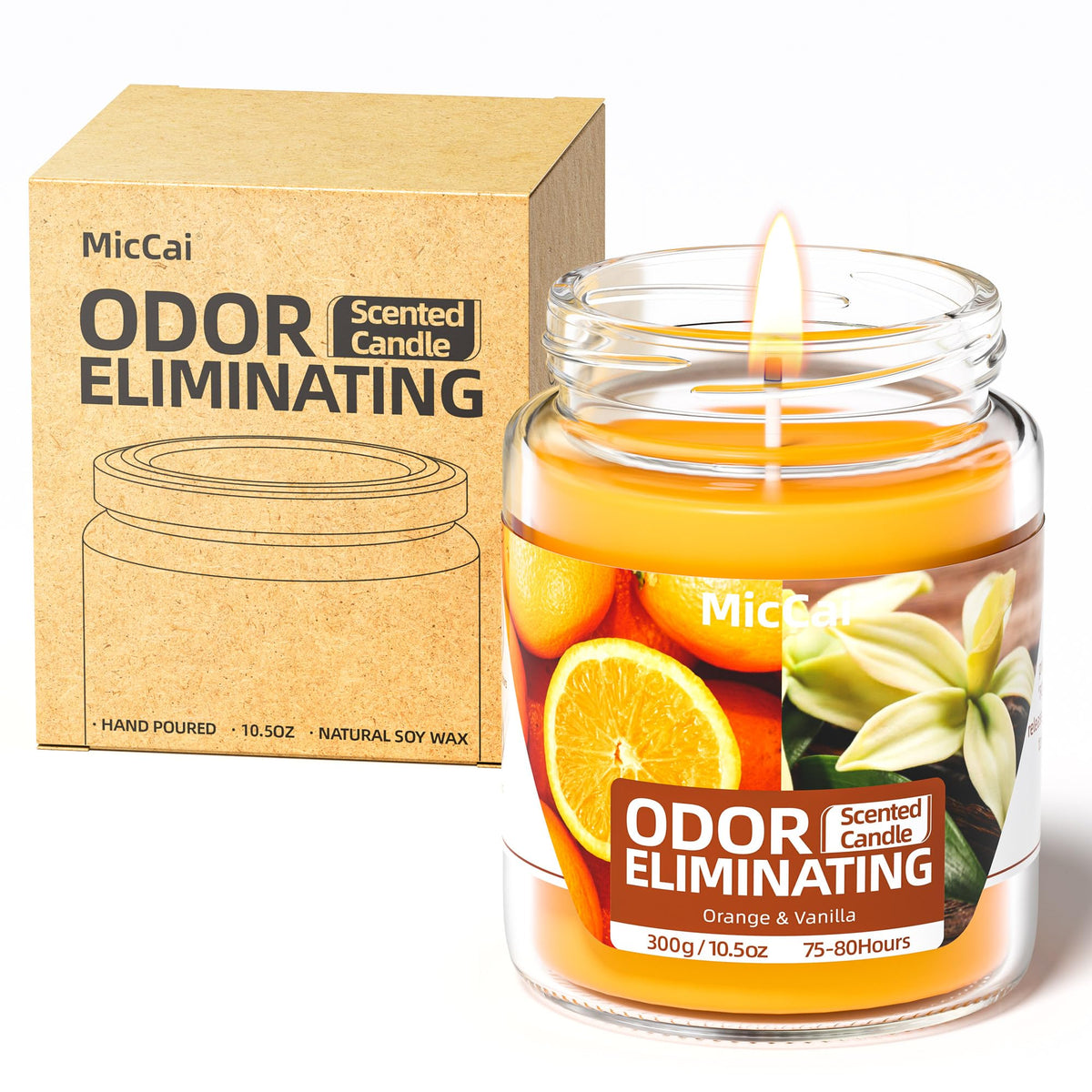 MicCai orange and vanilla odor-eliminating candle packaging highlighting eco-friendly soy wax