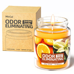 MicCai orange and vanilla odor-eliminating candle packaging highlighting eco-friendly soy wax