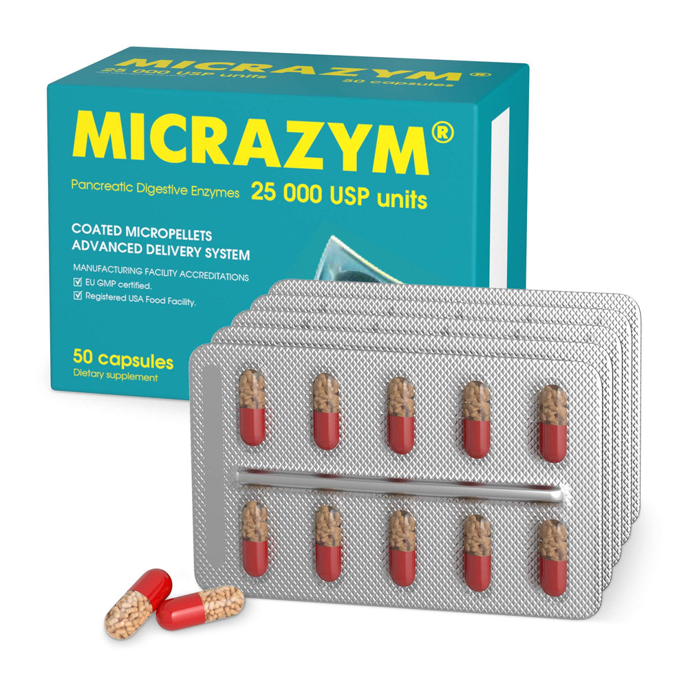 Micrazym AVVA capsules closeup highlighting fast-acting pancreatic enzymes for digestion.