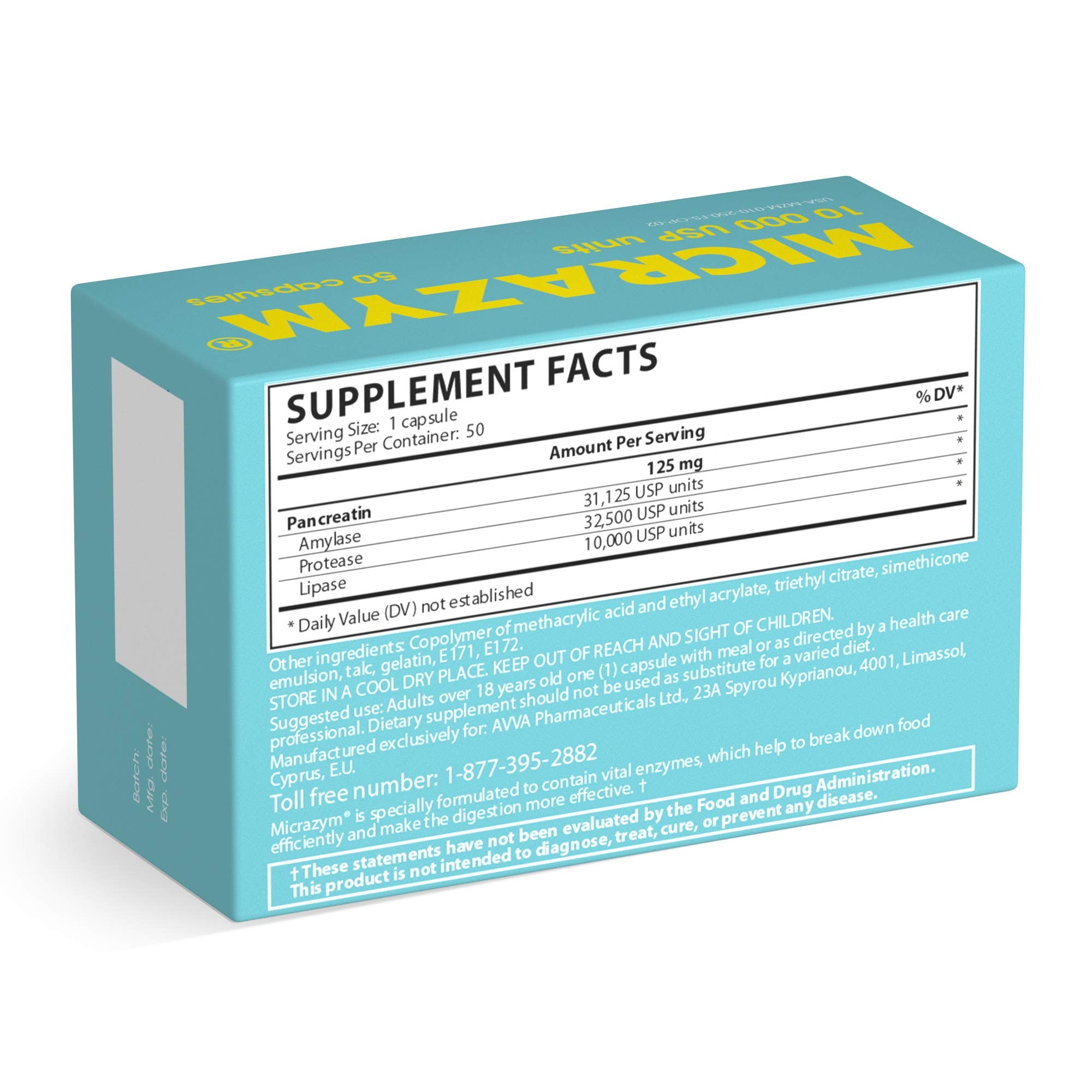 Micrazym AVVA packaging box emphasizing enteric-coated formula.