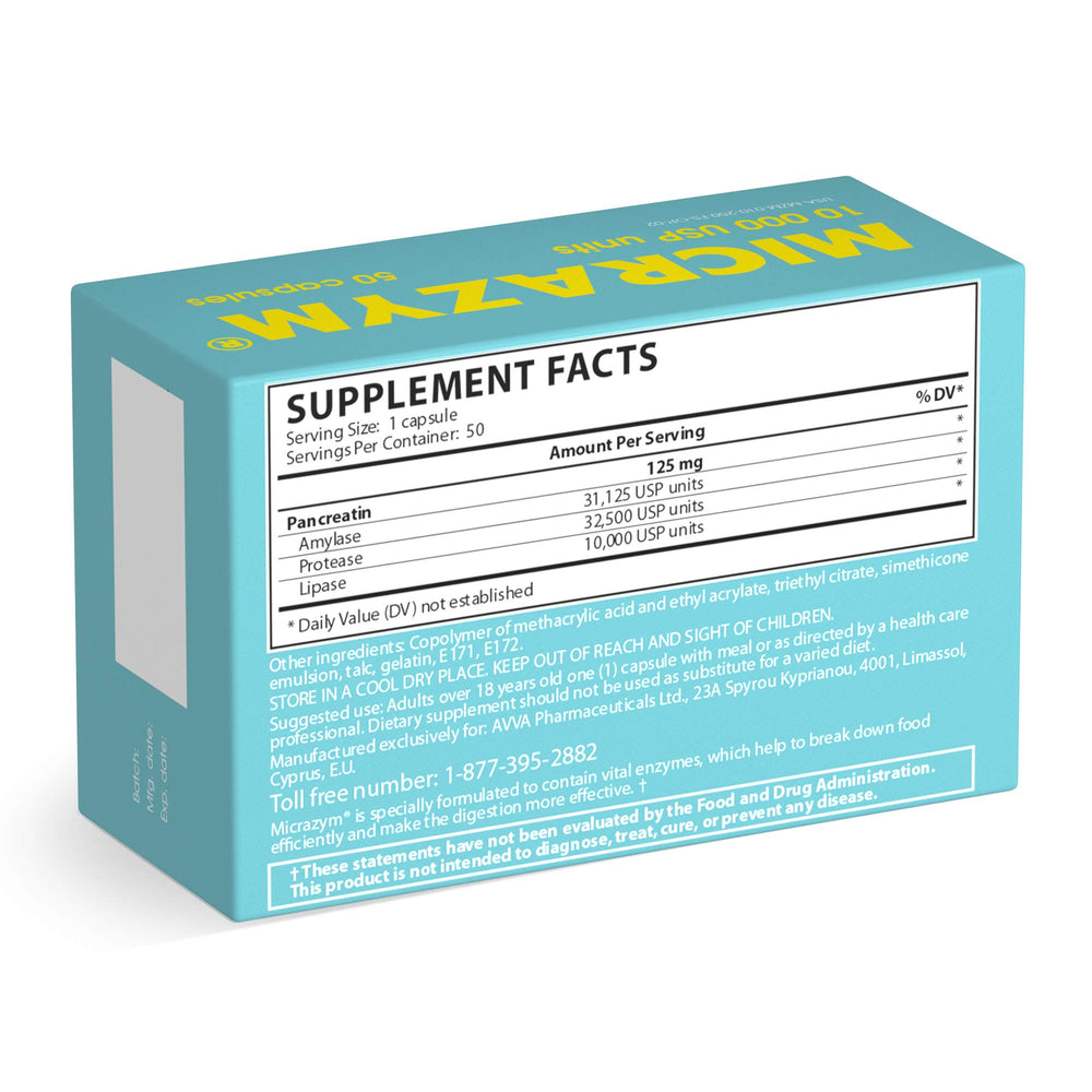 Micrazym AVVA packaging box emphasizing enteric-coated formula.
