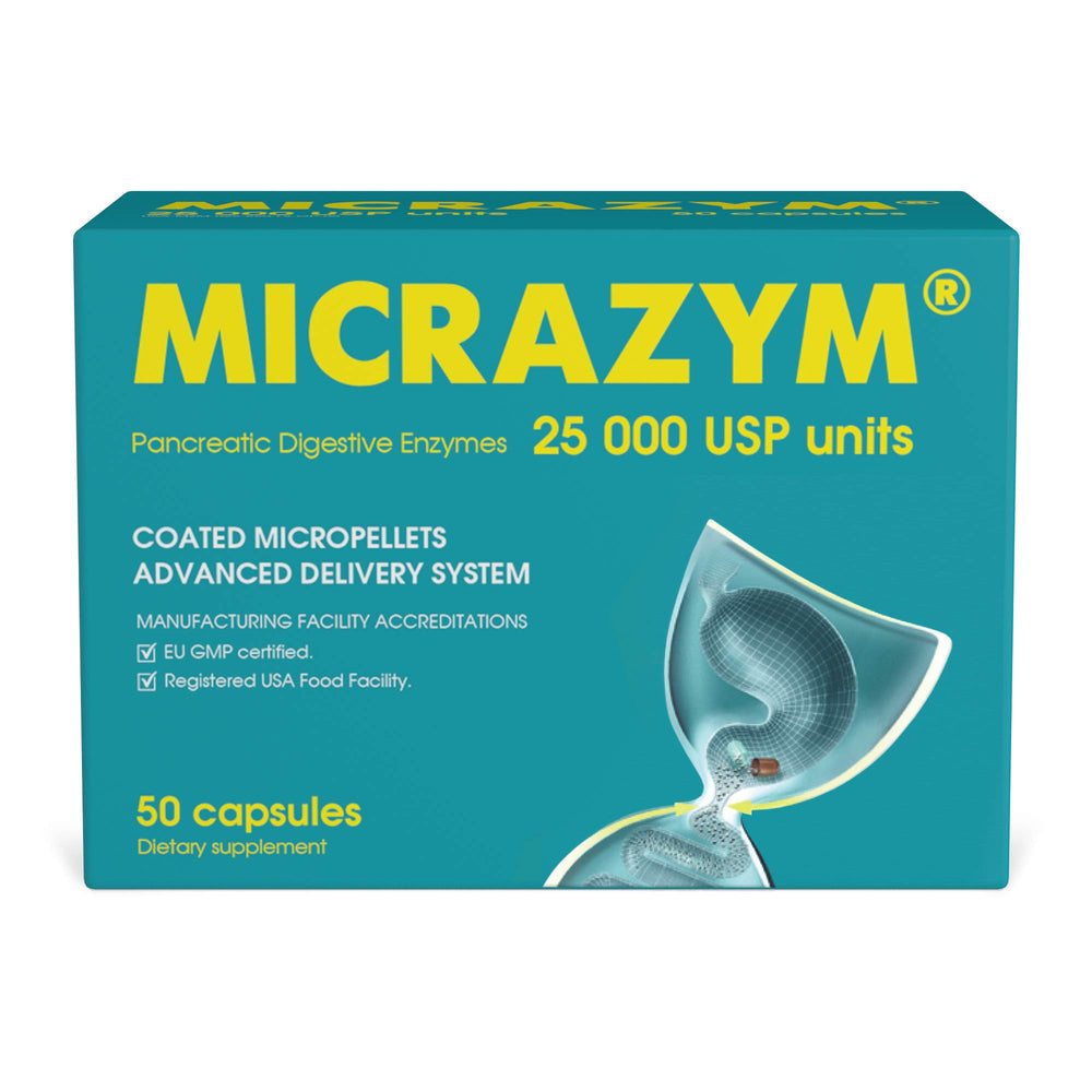 Micrazym AVVA Pharma bottle full view showcasing enzyme support after meals.