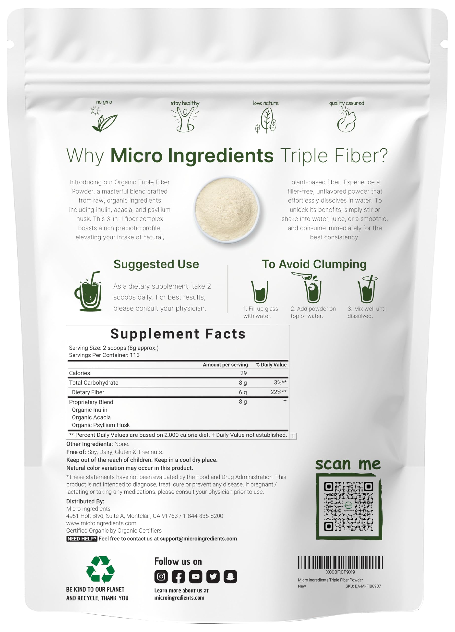 Scoop next to Micro Ingredients triple fiber powder highlighting convenient daily use
