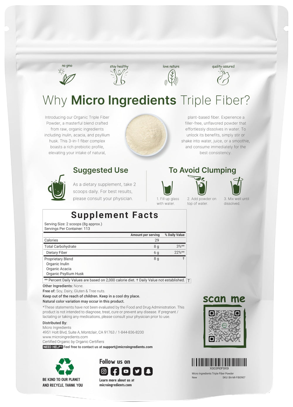 Scoop next to Micro Ingredients triple fiber powder highlighting convenient daily use