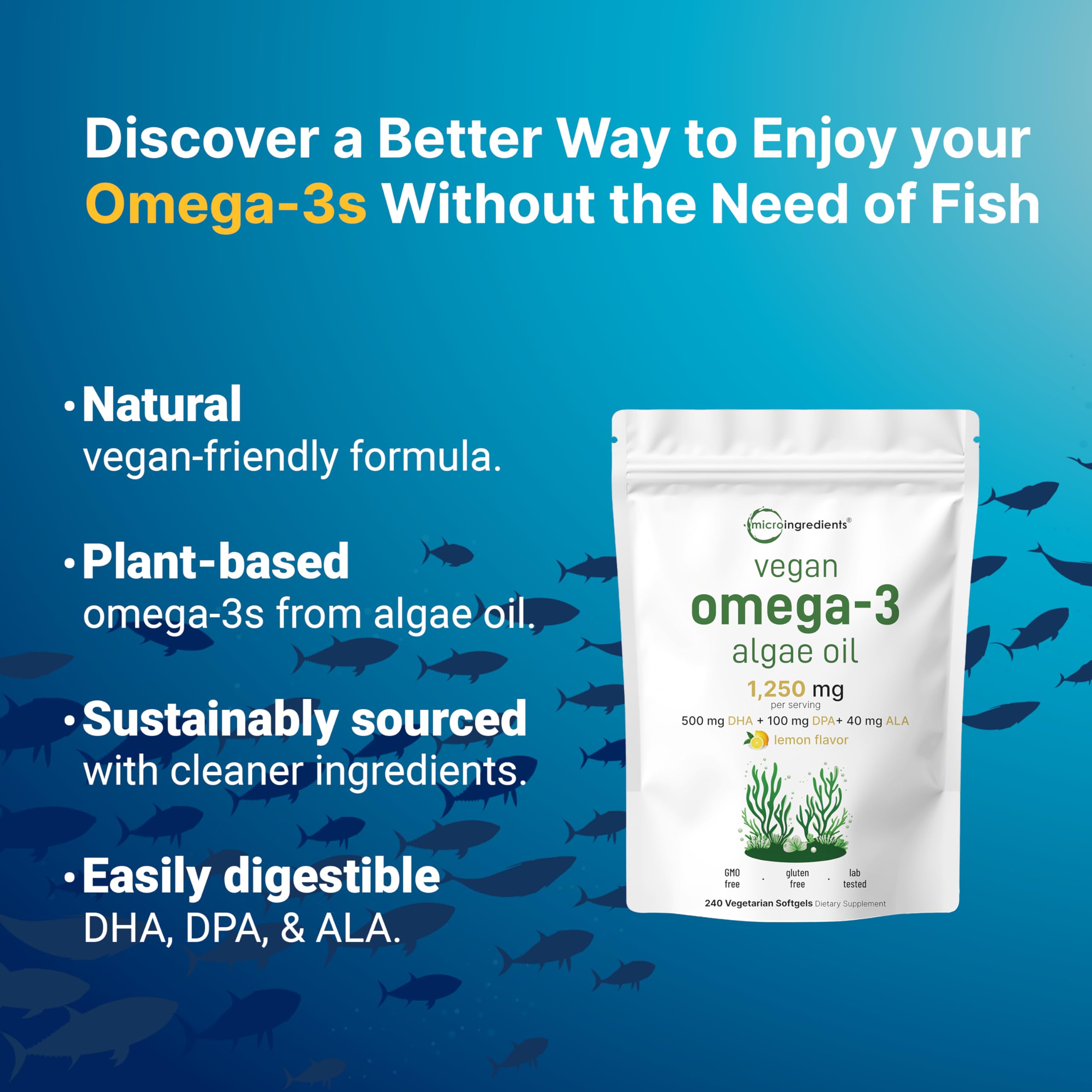 Micro Ingredients 3-in-1 omega-3 algae oil with flaxseed-boosted DHA and DPA for plant-based support.