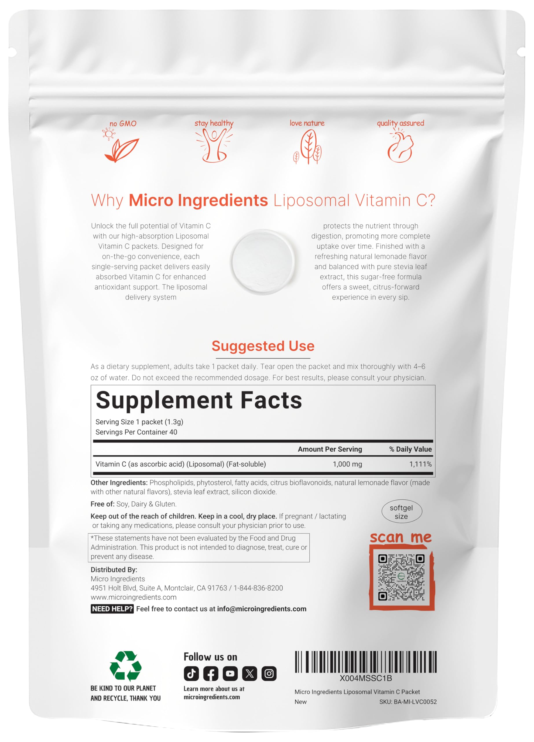 Micro Ingredients vitamin C liposomal packets shown in 40-pack for easy daily use