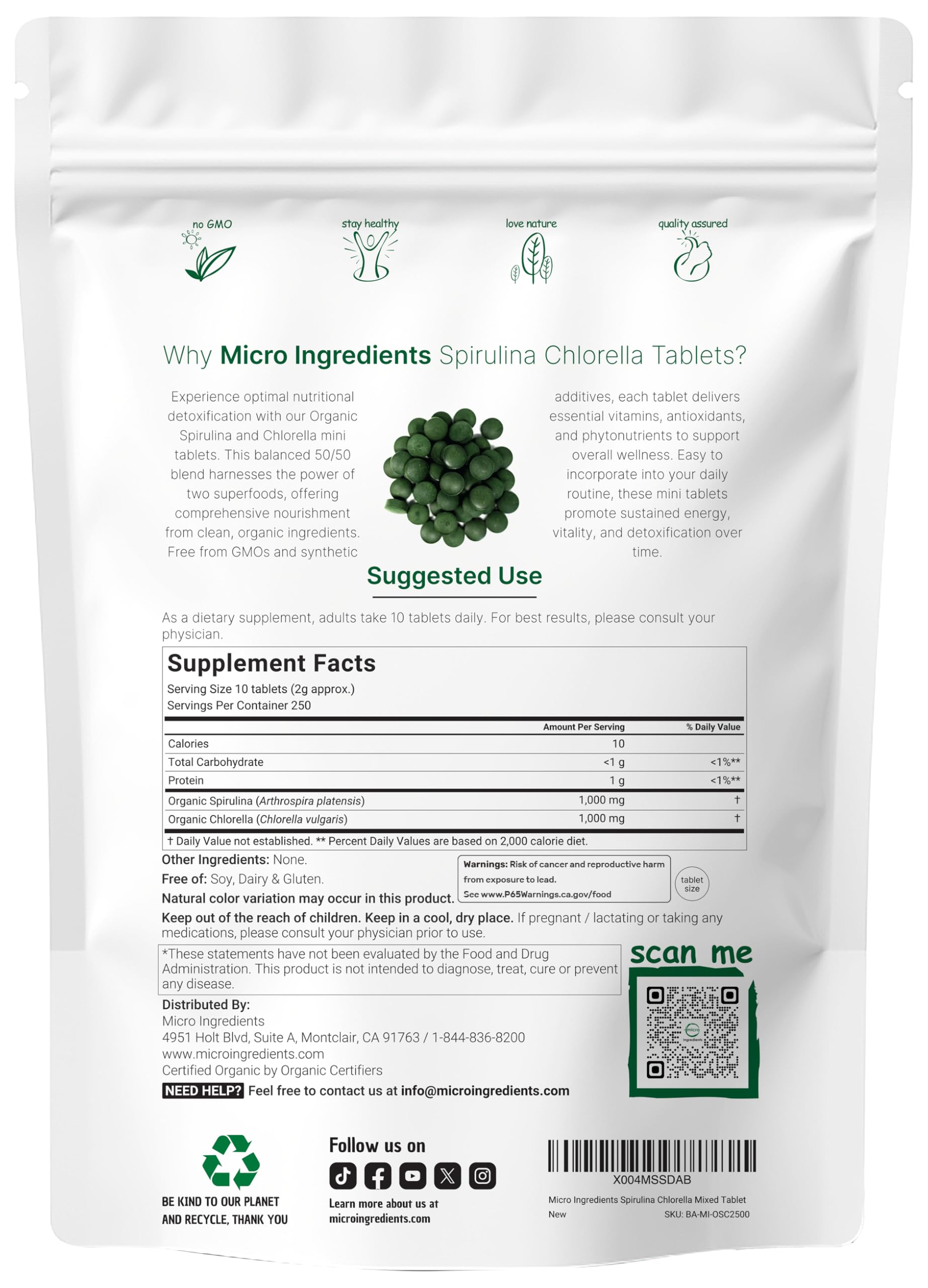 Micro Ingredients 50/50 blend of spirulina and chlorella in a clear jar for natural energy.