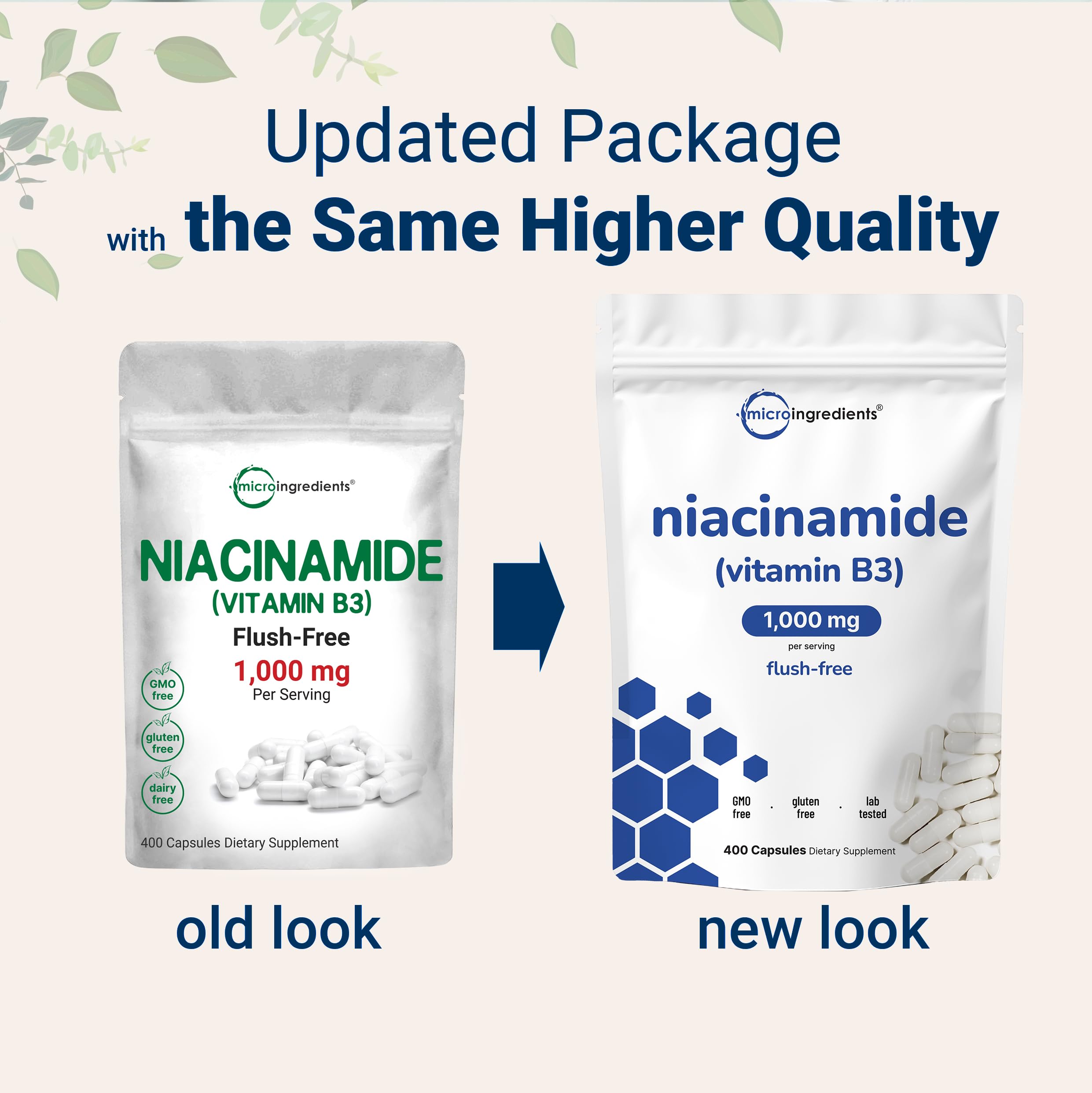 Micro Ingredients 500mg Niacinamide capsule image highlighting flush-free formula