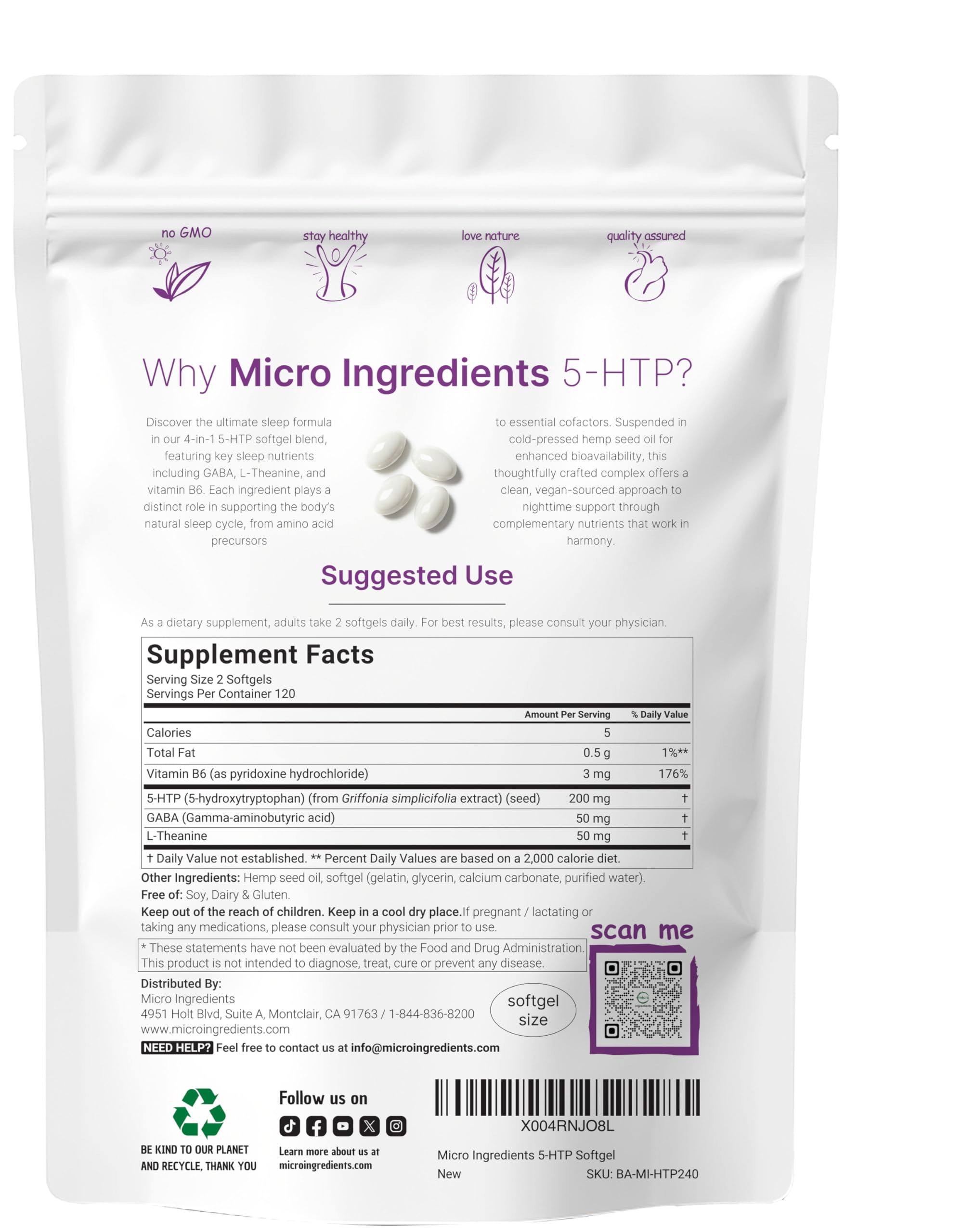 Close-up of Micro Ingredients 5-HTP+ capsules showing softgel texture