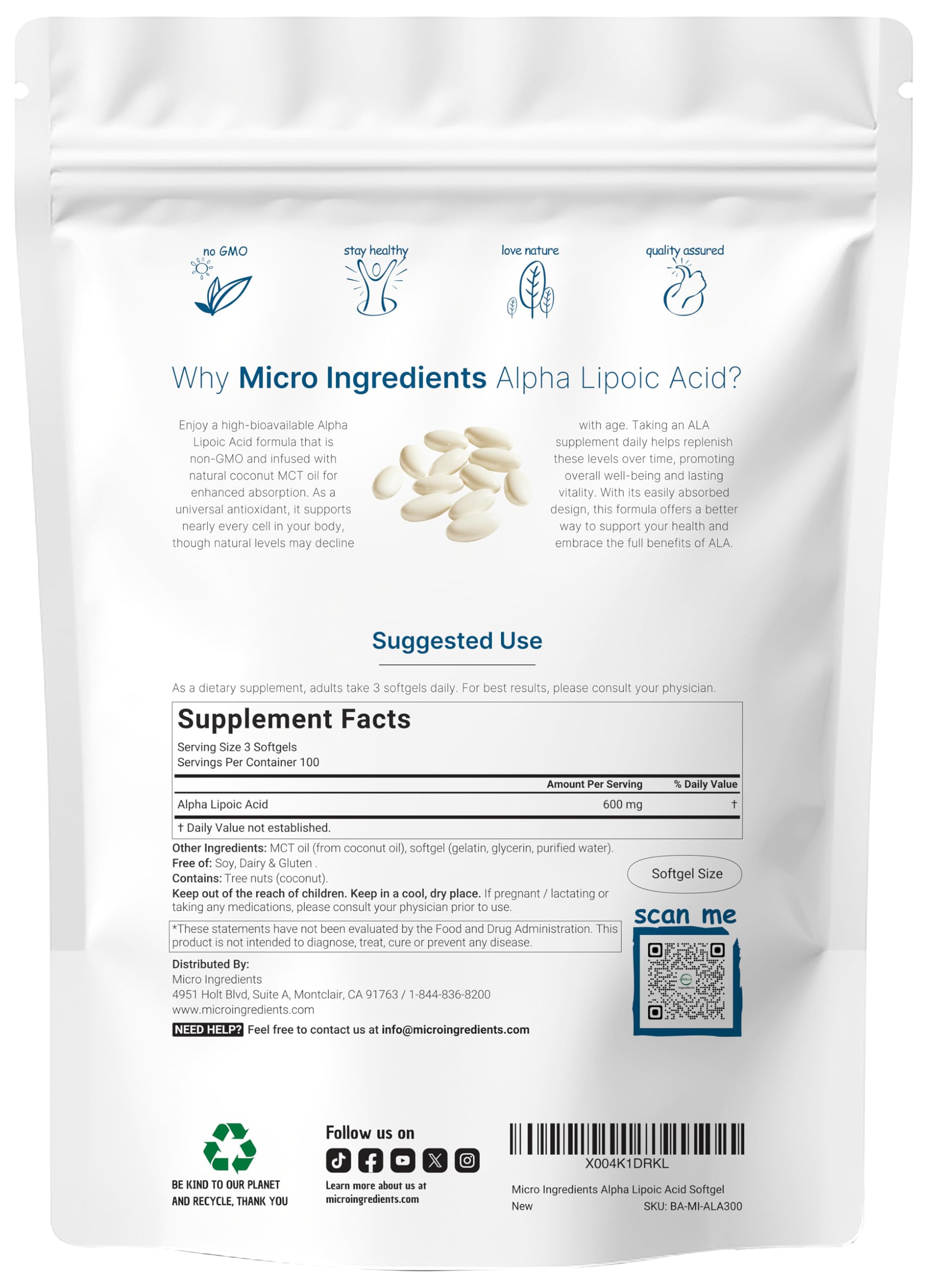 Close-up of Micro Ingredients Alpha Lipoic Acid 600mg softgels with MCT oil.