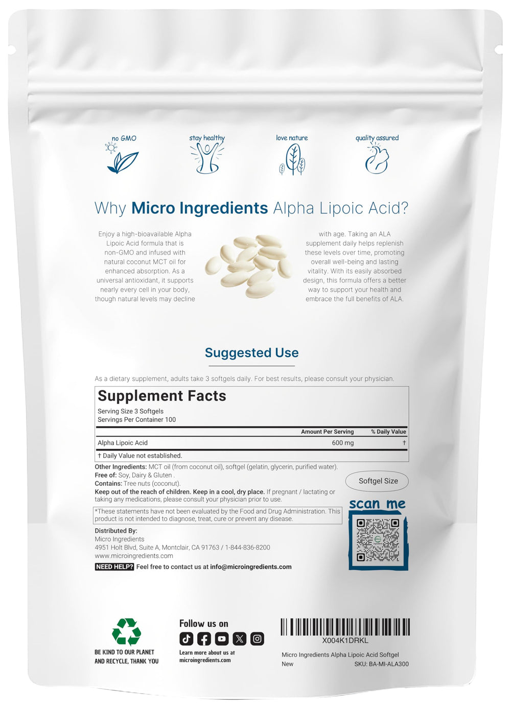 Close-up of Micro Ingredients Alpha Lipoic Acid 600mg softgels with MCT oil.