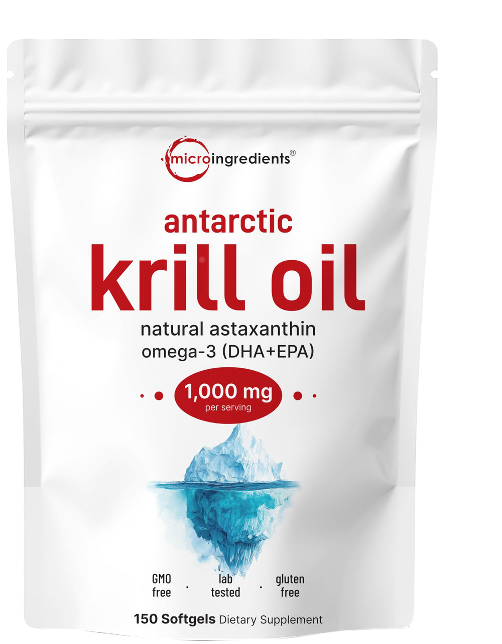 Micro Ingredients Antarctic krill oil bottle showing pure, mercury-free formula.