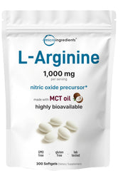 Micro Ingredients L-Arginine 1000mg bottle showing 300 softgels for daily wellness