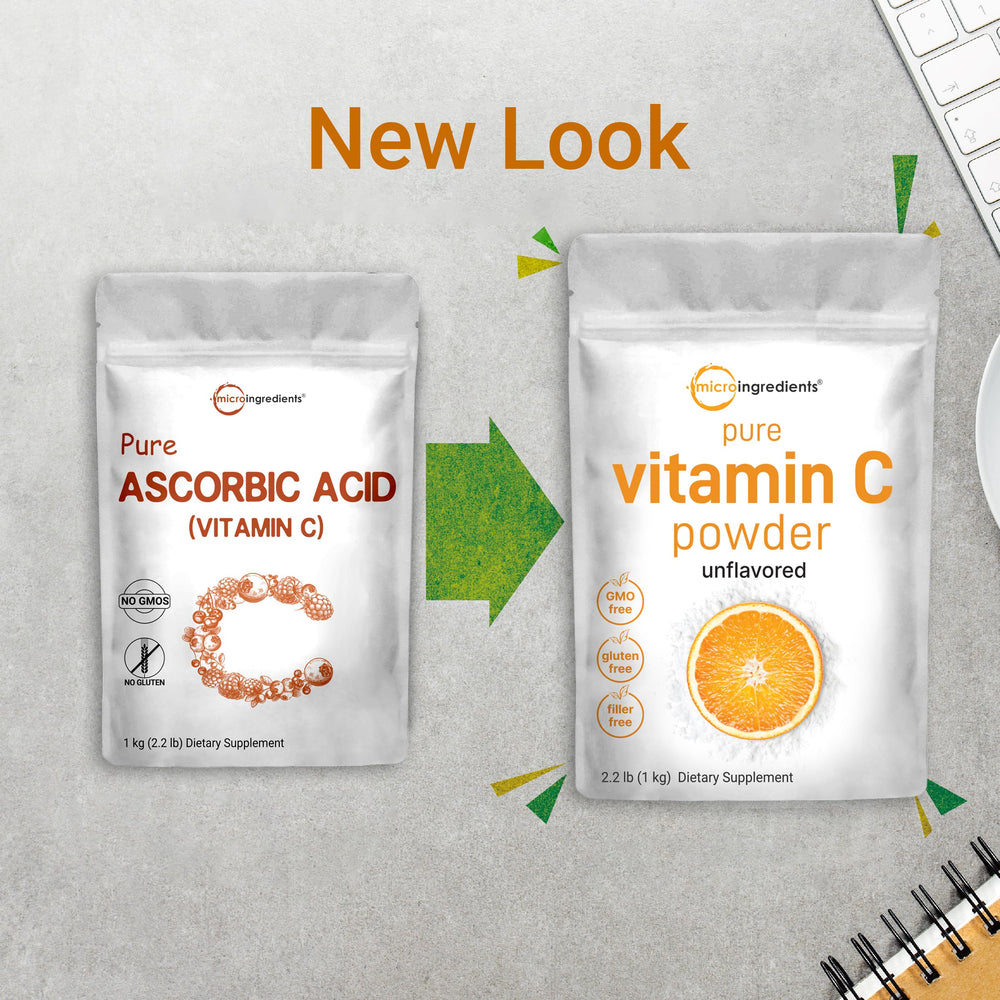 Micro Ingredients Ascorbic acid powder in glass with water, dissolves quickly and blends easily.