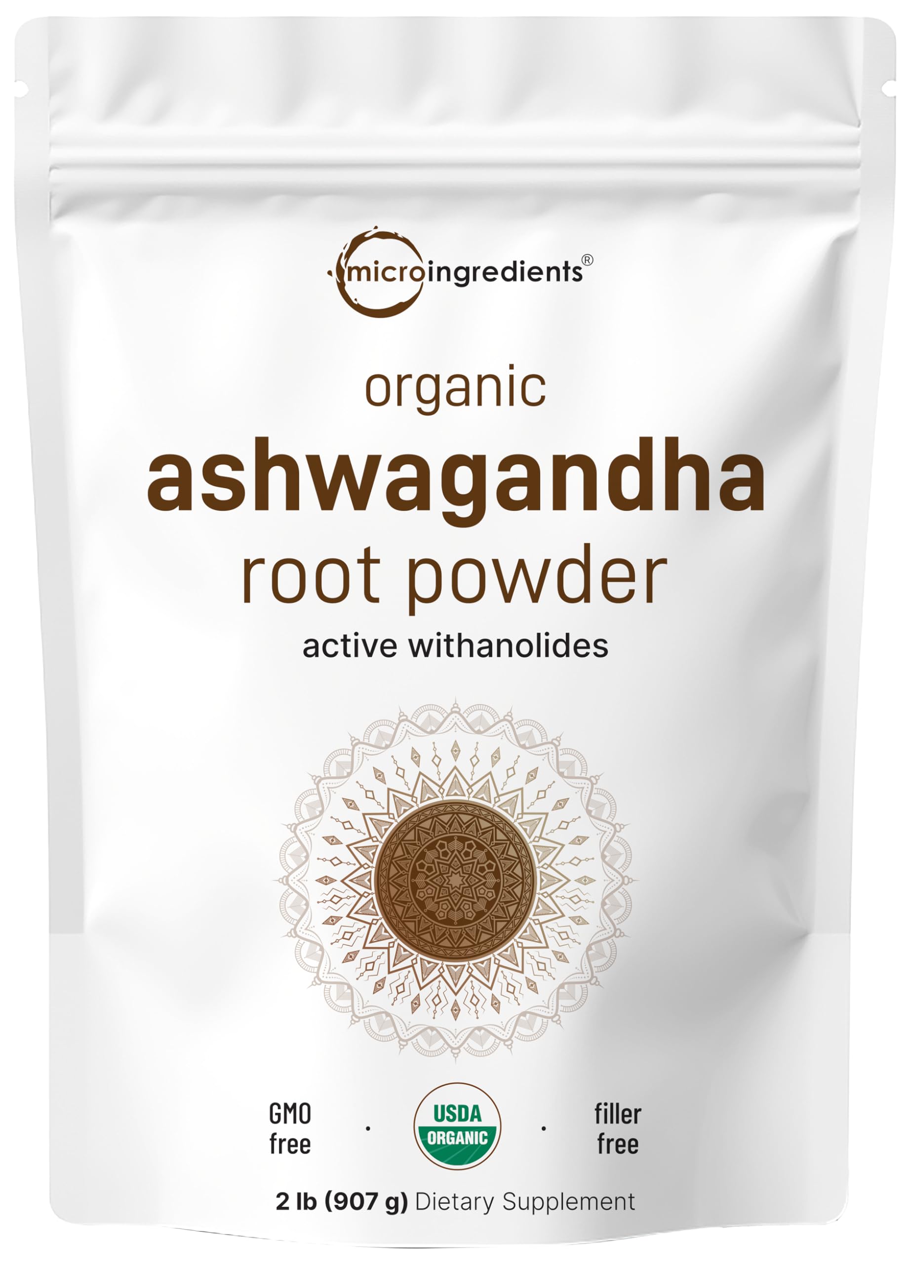 Micro Ingredients organic ashwagandha powder pouch closeup for smoothies and shakes