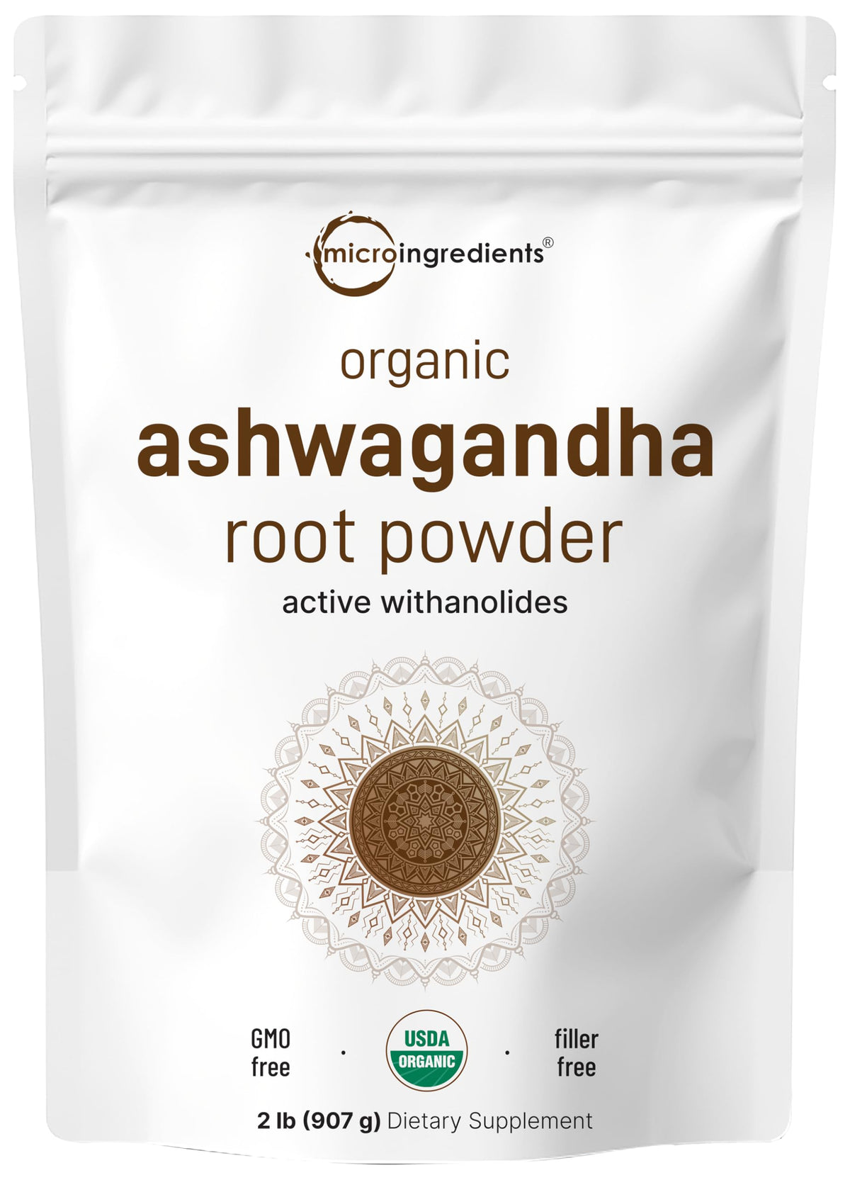 Micro Ingredients organic ashwagandha powder pouch closeup for smoothies and shakes