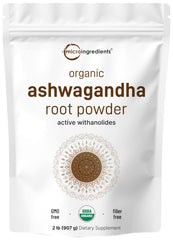 Micro Ingredients organic ashwagandha powder pouch closeup for smoothies and shakes