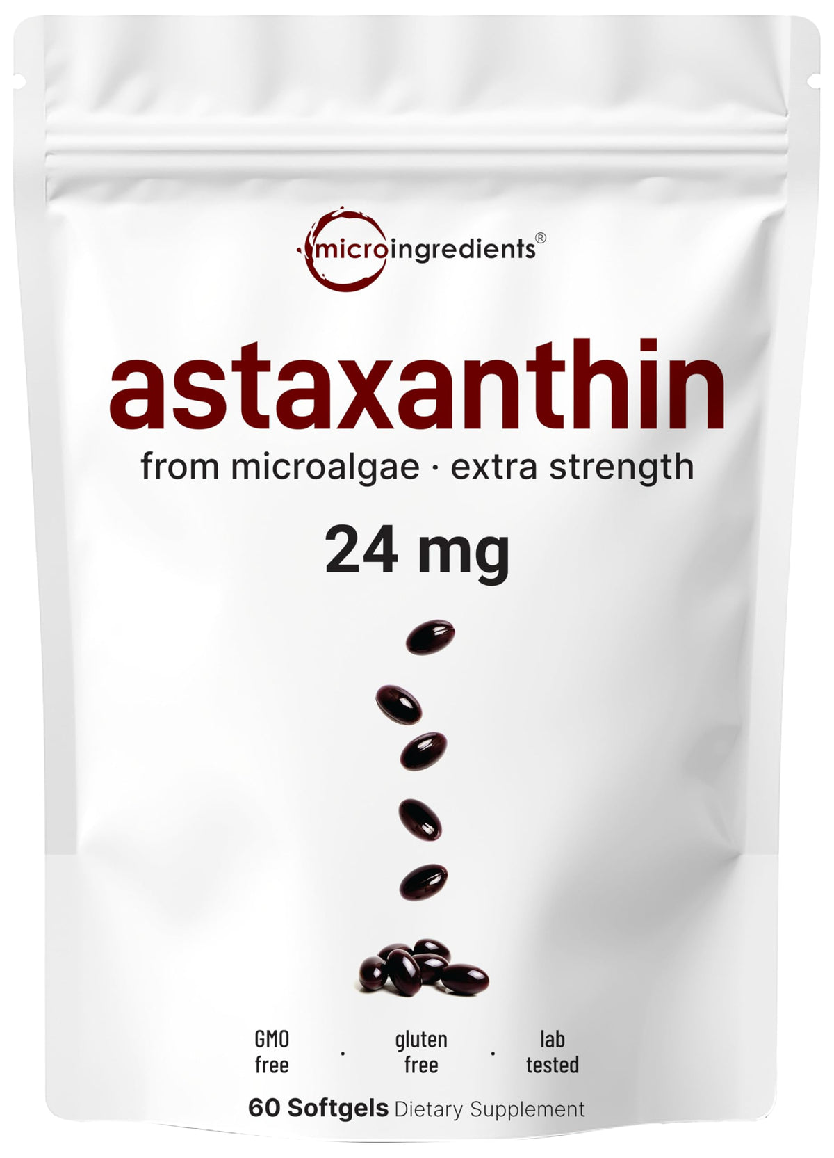 Micro Ingredients Astaxanthin softgel bottle highlighting daily potent antioxidant support