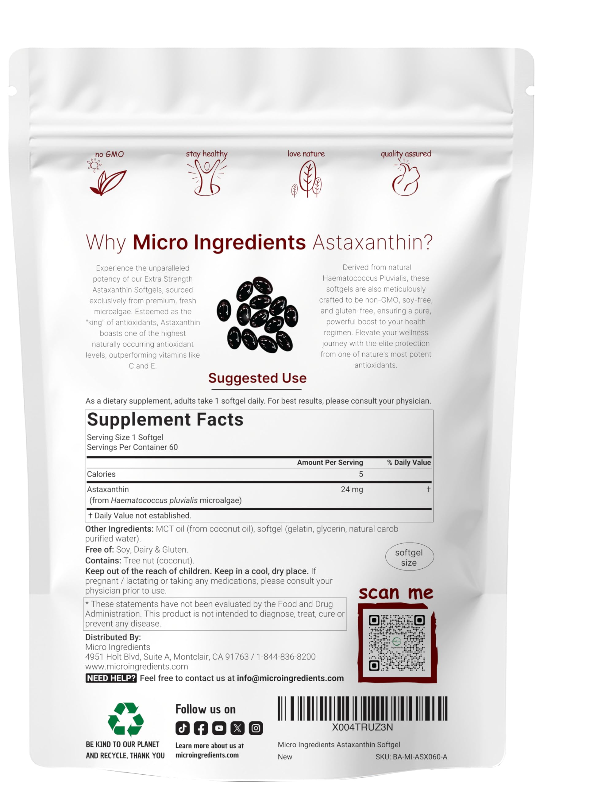 Astaxanthin softgel capsule close-up emphasizing easy daily intake by Micro Ingredients