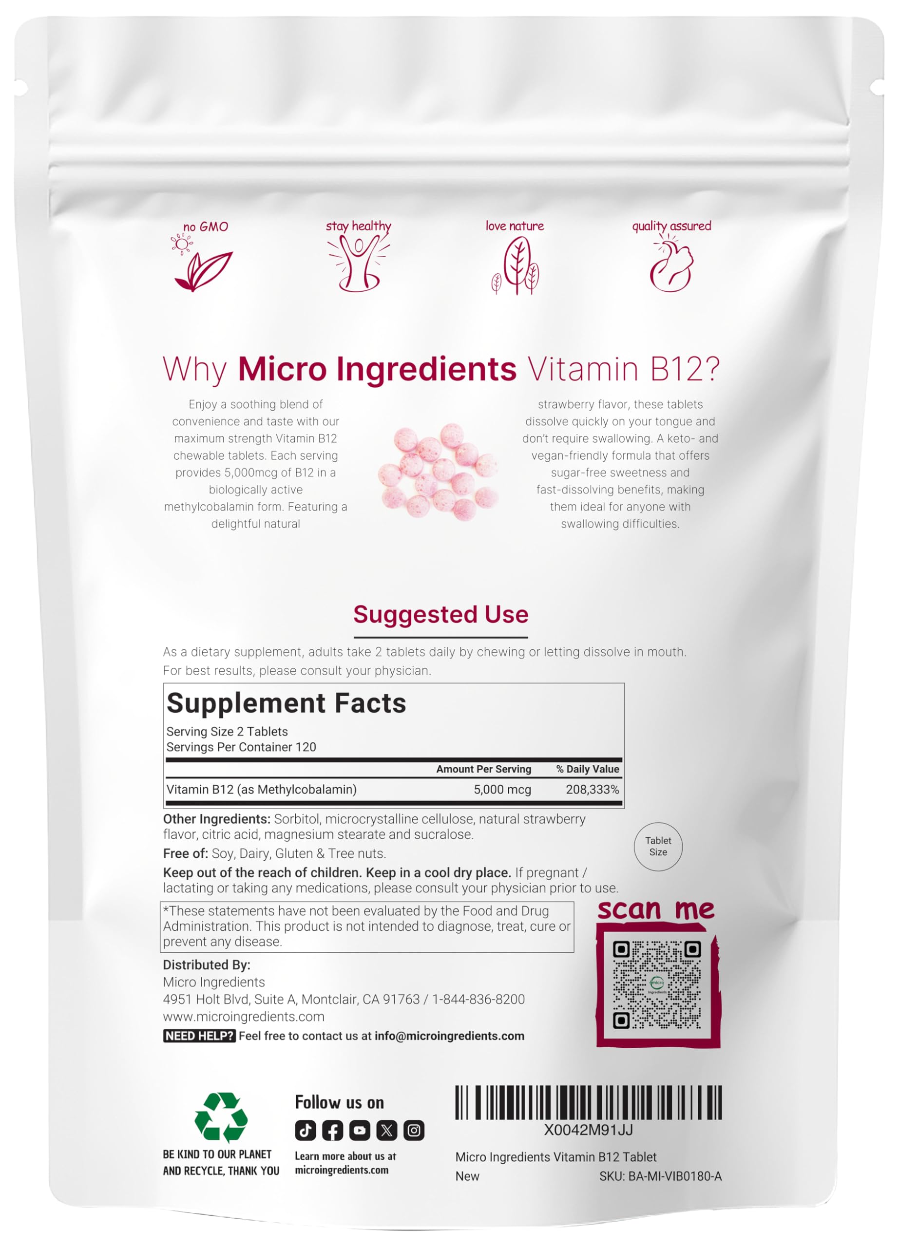 Micro Ingredients B12 chewables in a 240-count pouch for convenient daily intake